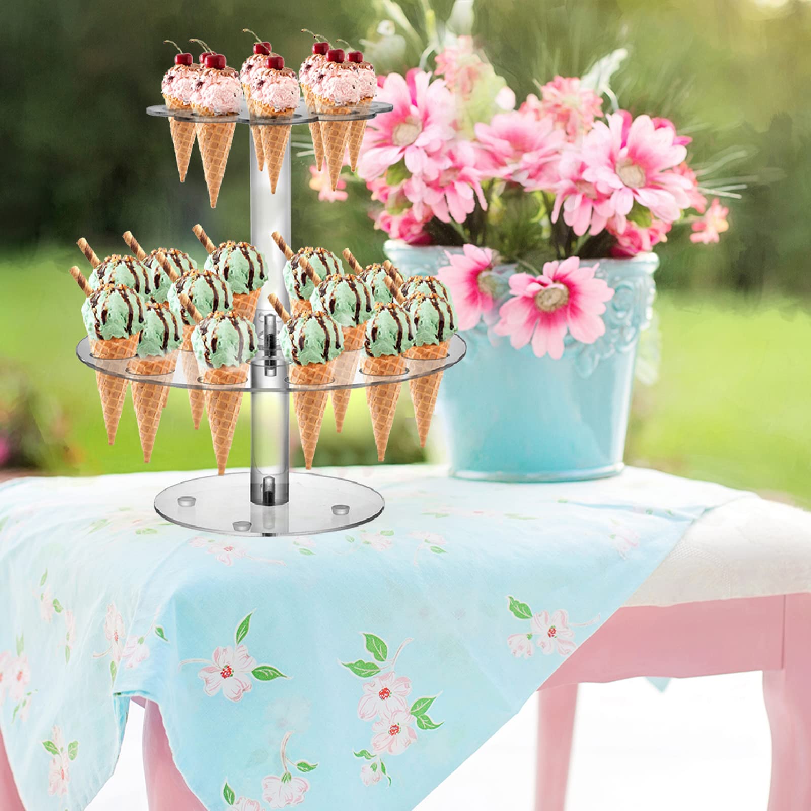 Hacaroa Acrylic Ice Cream Cone Holder, 24 Holes Waffle Sushi Hand Roll Stand Double Layer Cone Display Stand, Clear Food Display