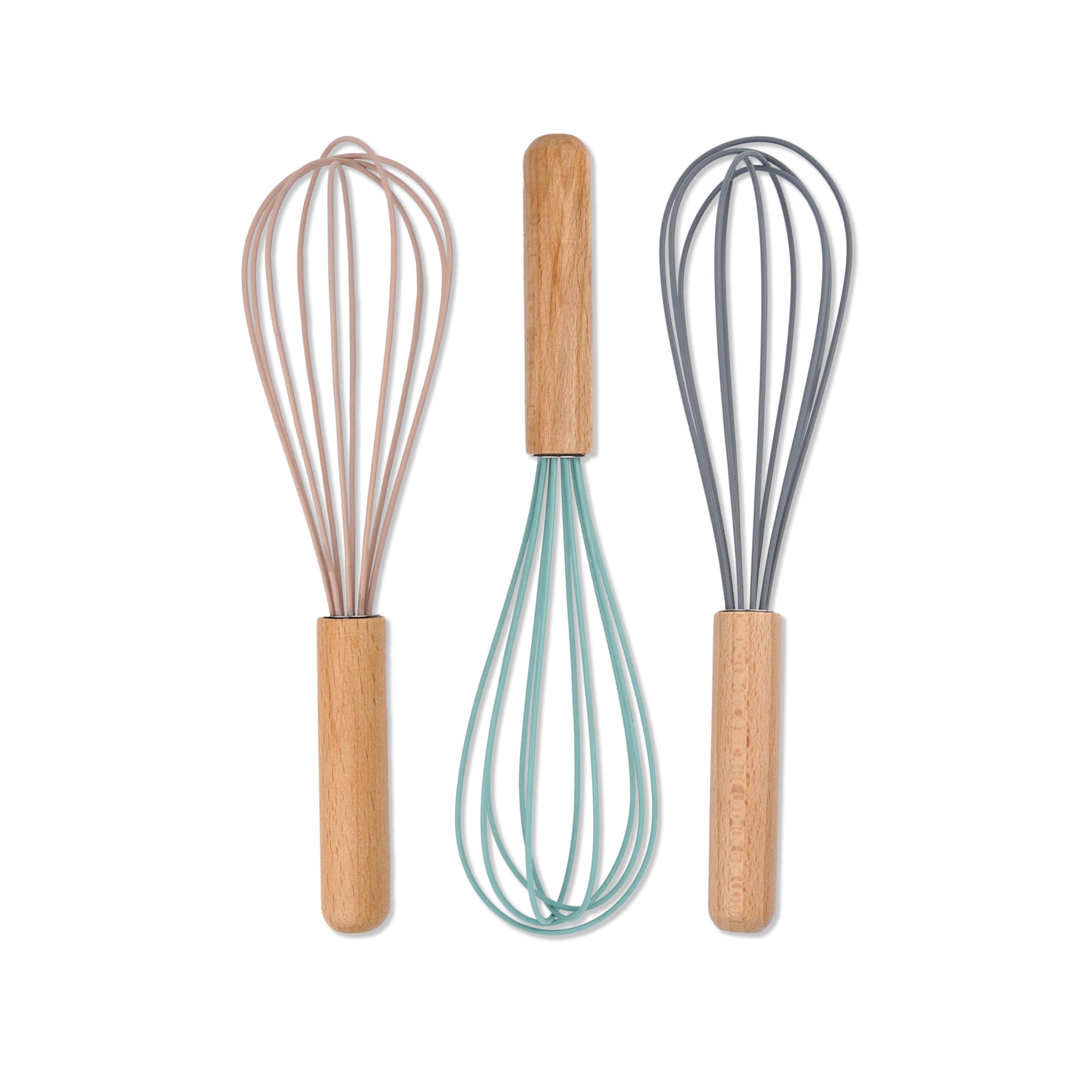 Hvn India Silicone Whisk Set With Wooden Handles  Heat Resistant, NonScratch Balloon Whisks For Cooking & Baking (Assorted Col