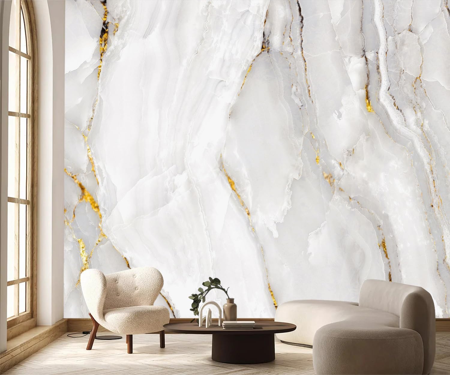 PYFFYP- Gold with White Marble Wallpaper wall murals for Bathroom(Not Peel and Stick)