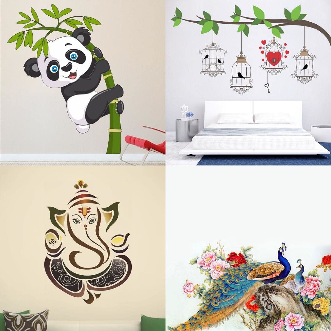 Merical Birdcase Key, Royal Ganesh, Royal Peacock, Baby Panda Wall Stickers for Living Room, Hall, Wall Dcor (Material: PVC Viny