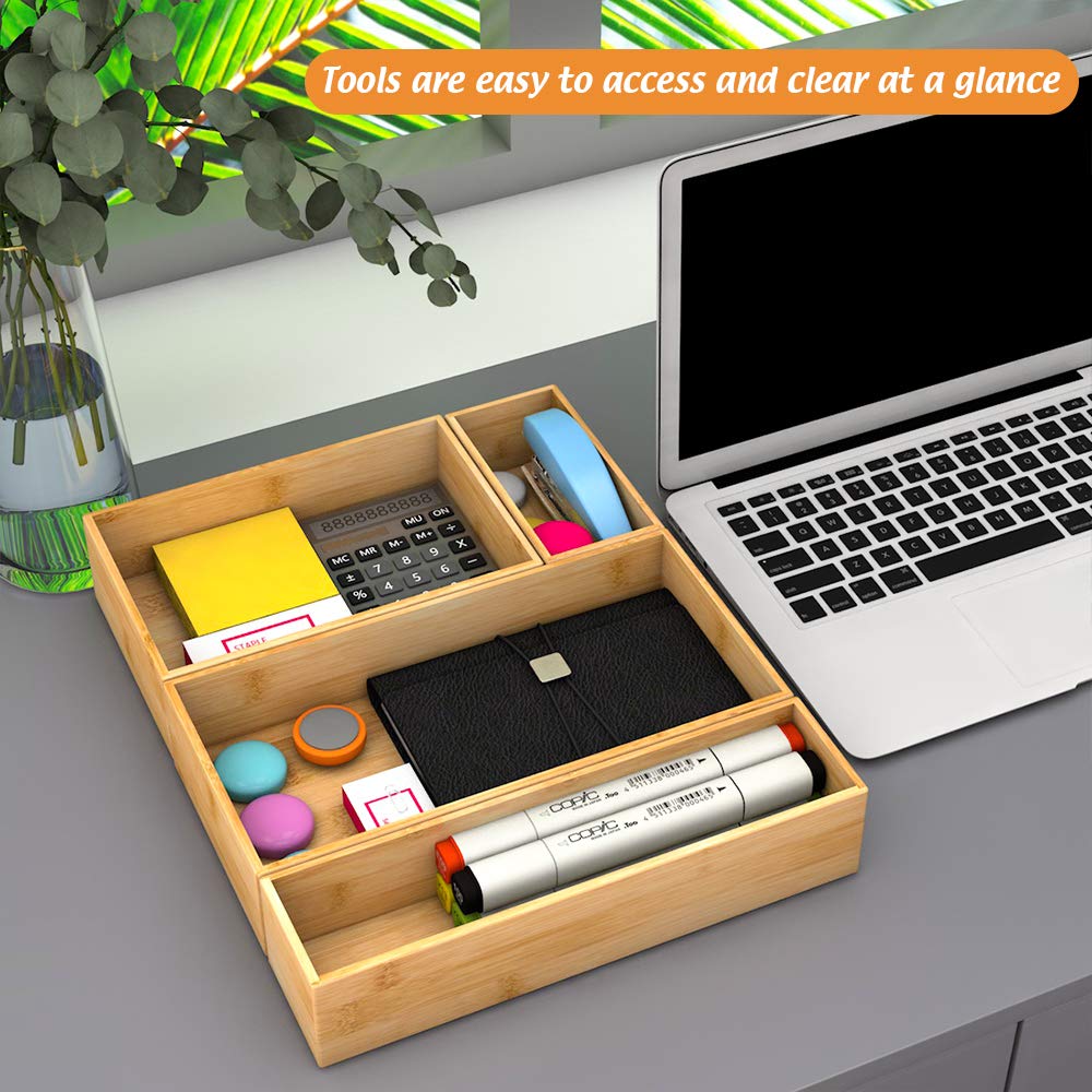 Bamboo Kitchen Drawer Organizer, Wooden Storage Box For Utensil Organizer Silverware Tray Cutlery Holder Flatware Containers - M