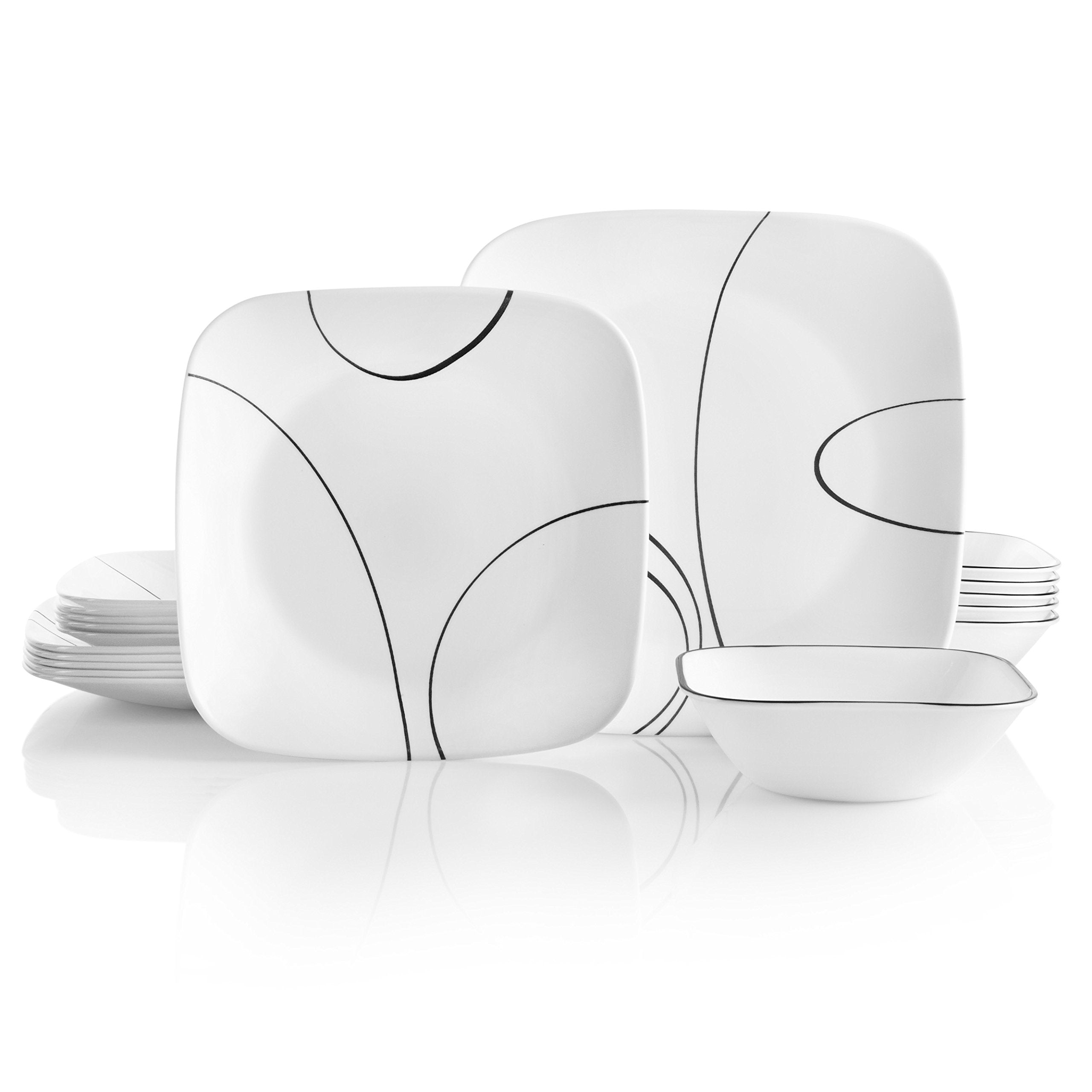 Corelle 18Piece Service for 6 Dinnerware Set, Triple Layer Glass and Chip Resistant, Lightweight Square Plates and Bowls Set, S