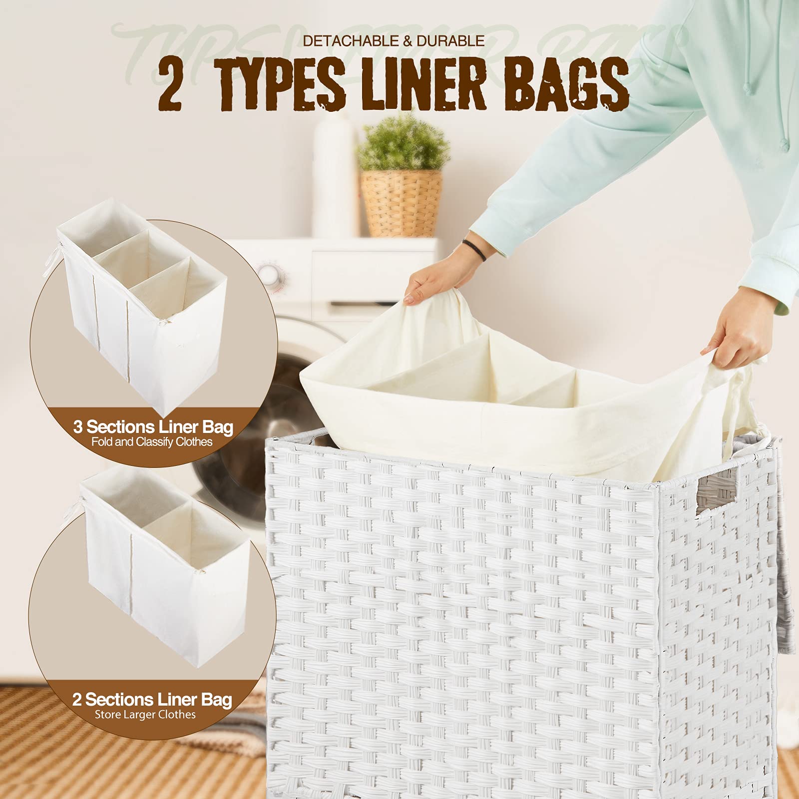 Greenstell Laundry Hamper With Wheels&Lid, 140L Large 3 Sections Clothes Hamper With 2 Types Removable Liner Bags, 5 Mesh Laundr