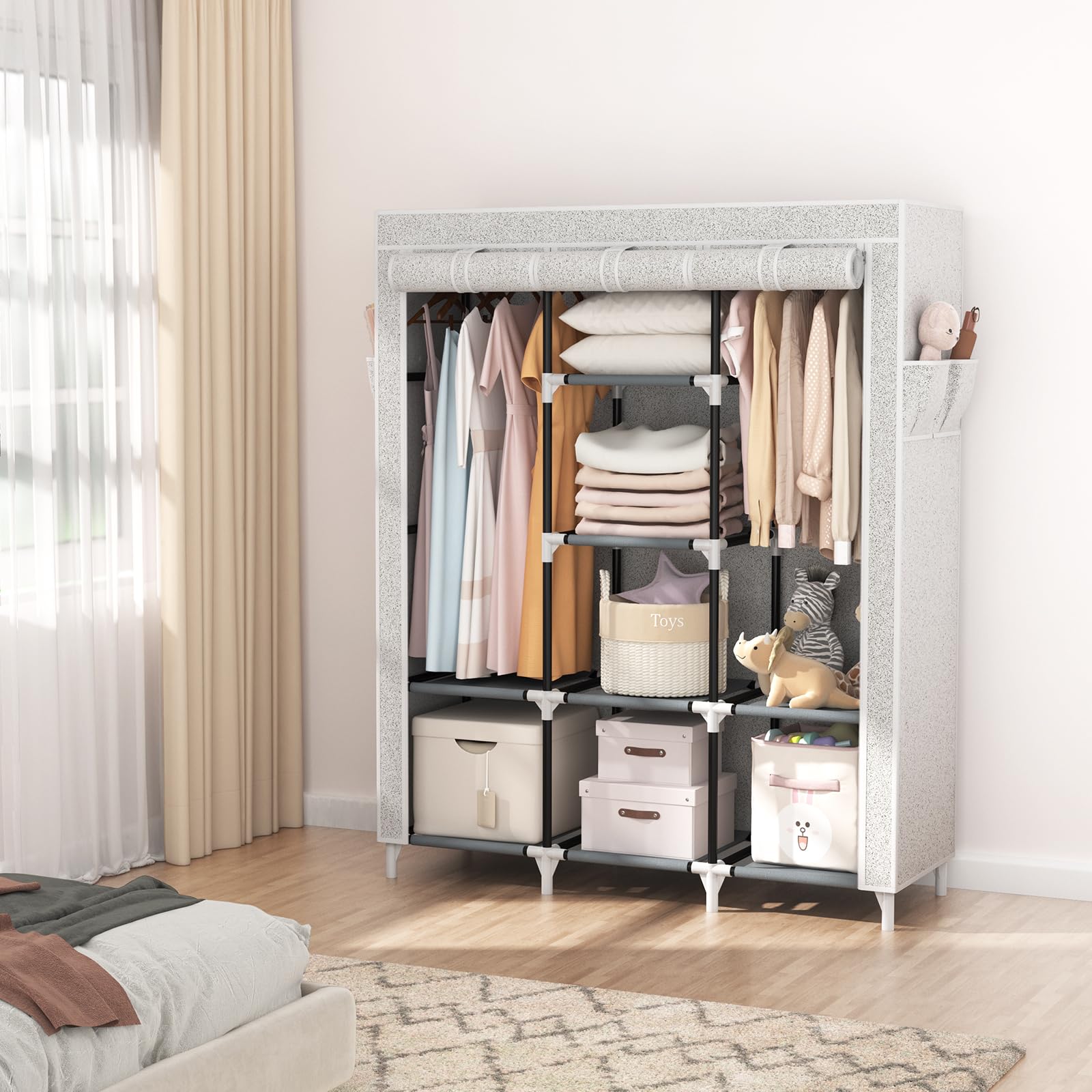 Vtrin Portable Closet Wardrobe For Hanging Clothes With 2 Hanging Rods And 8 Storage Organizer Shelves,Free Standing Clothes Rac