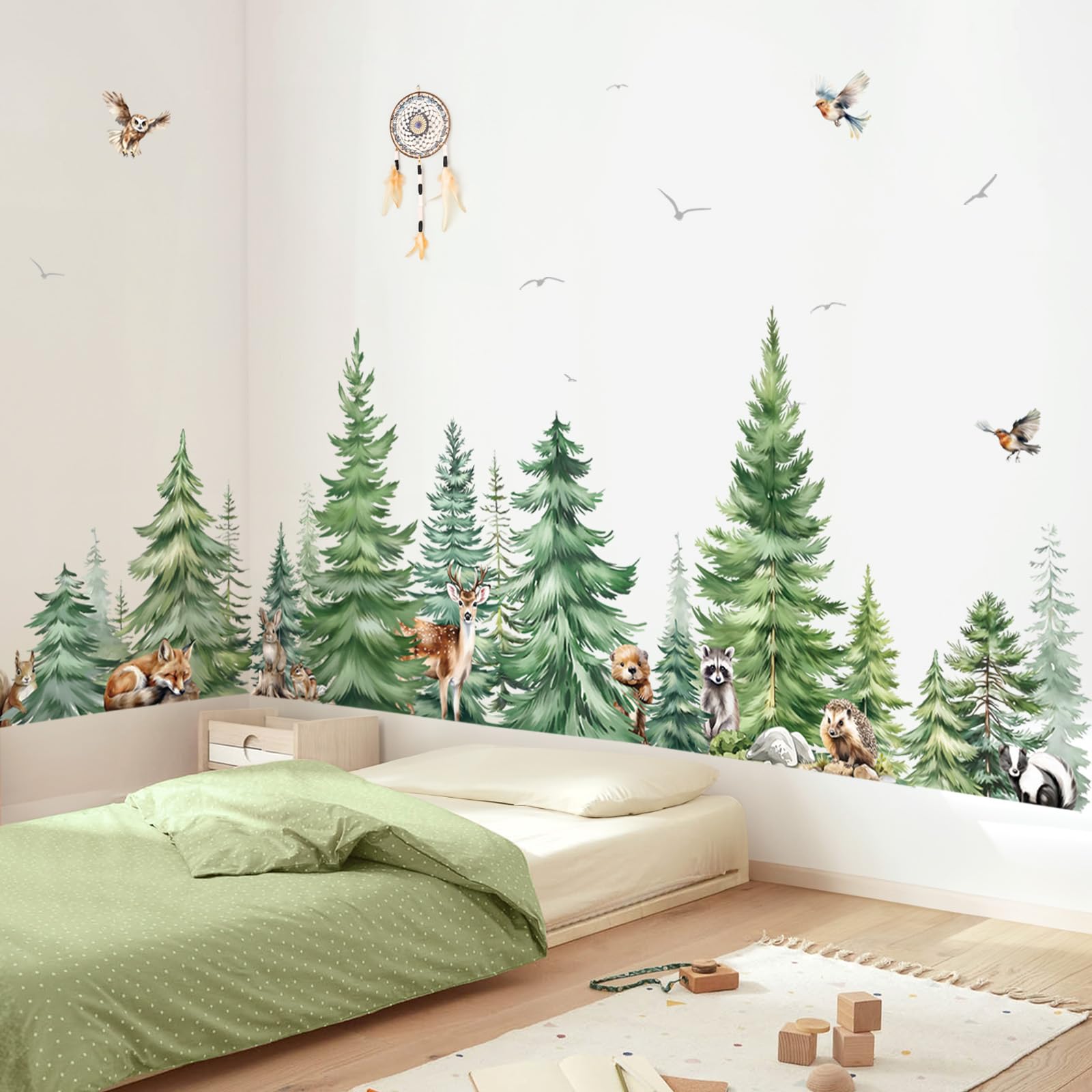 Decalmile Large Watercolor Pine Tree Animals Wall Stickers Woodland Forest Tree Fox Deer Bear Wall Decals Baby Nursery Bedroom L