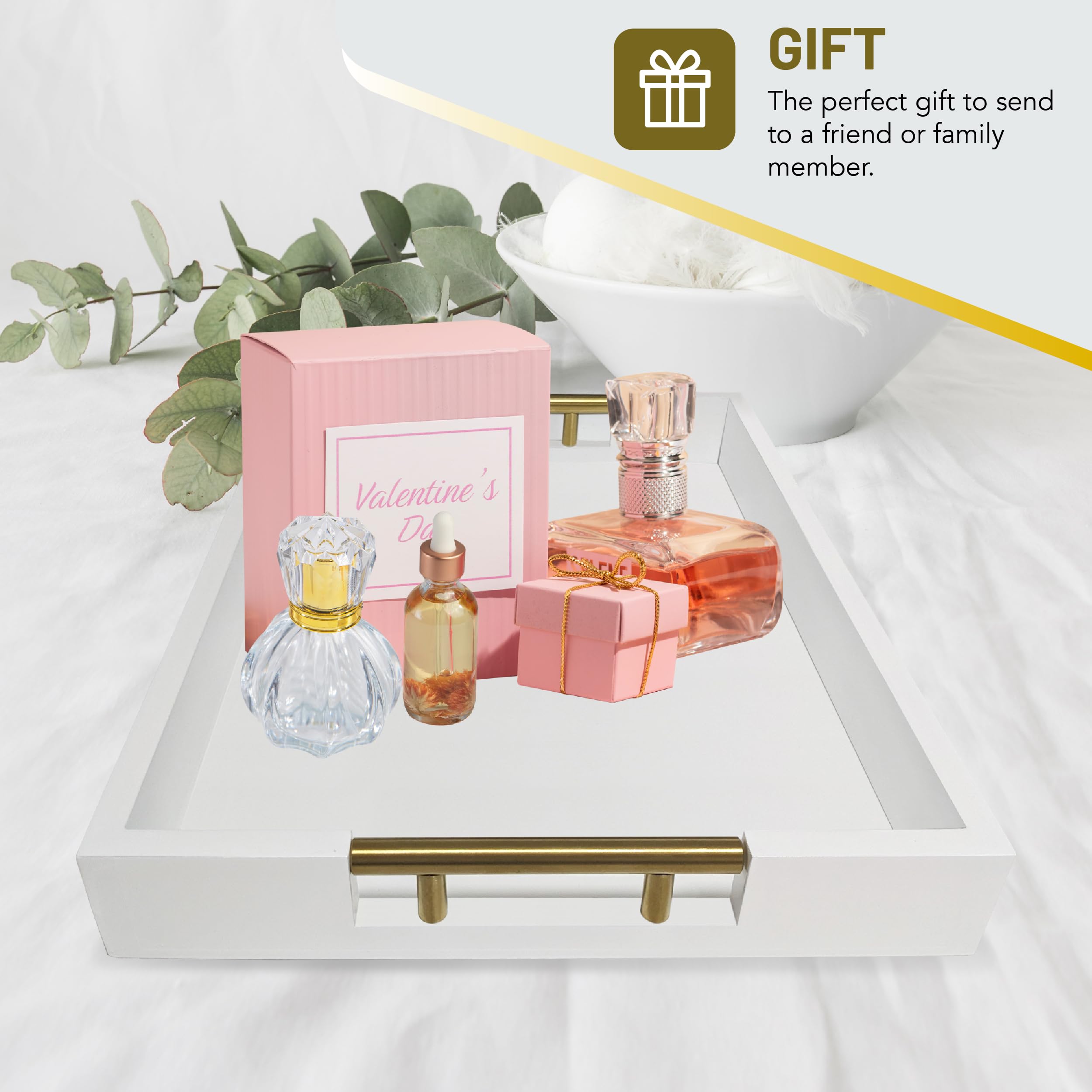 15.75'' X 11.75'' White Serving Tray With Gold Polished Metal Handles, Modern Decorative Ottoman Tray, Tea And Coffee Table Tray