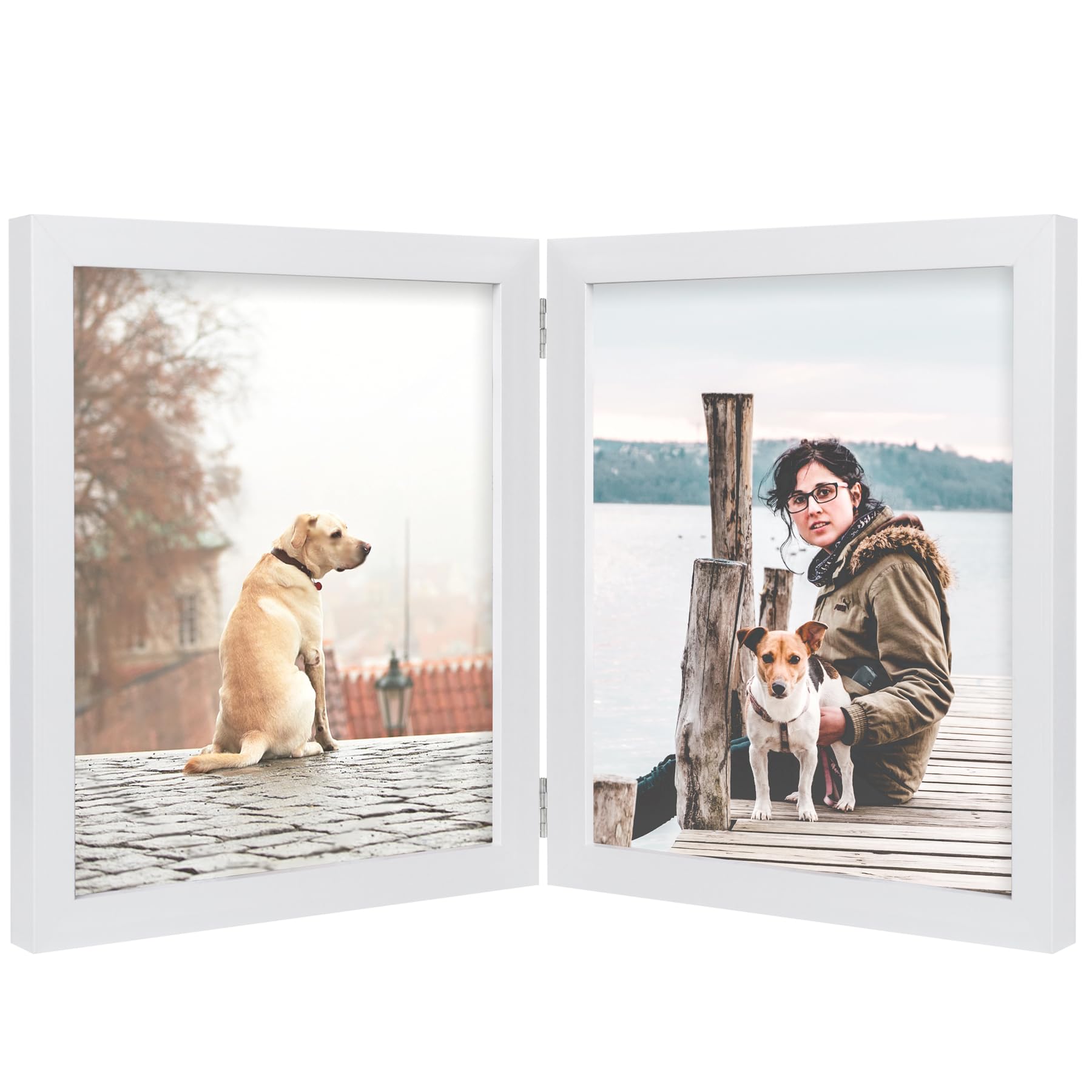 8x10 Double Picture Frame Wooden Hinged Photo Frame Definition Glass Stand Vertically on Desktop or Tabletop White