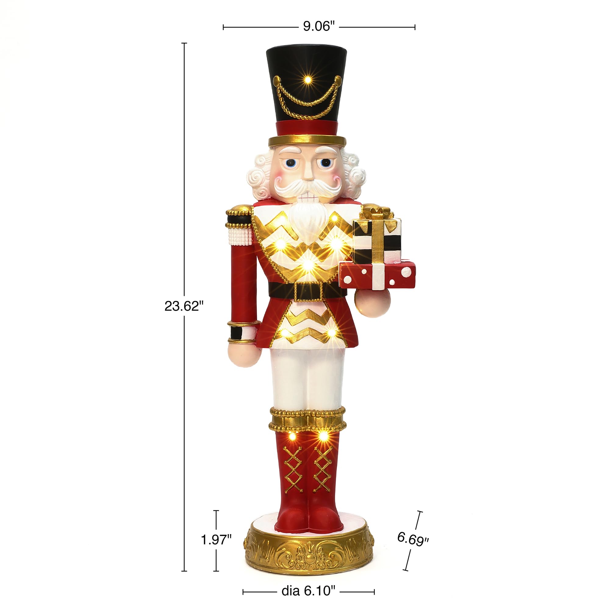 LuxenHome 2FT Tall Nutcracker Christmas Decoration, Large Holiday Nutcracker Soldier Statue with Gift Box, Lighted Figures Chris