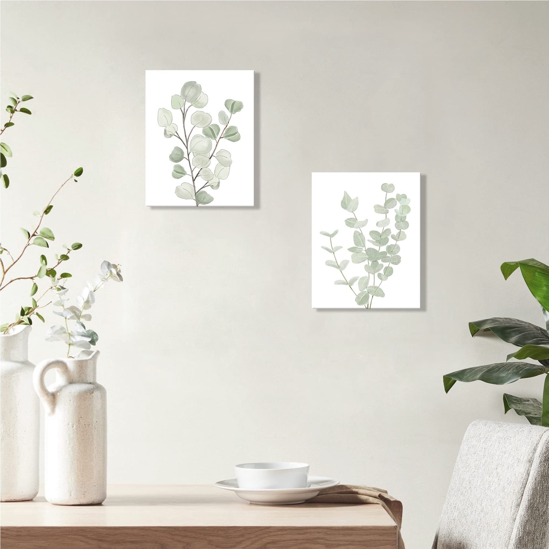 FRAMED Botanical Plant Canvas Wall Art | Boho Plant Wall Decor for Bedroom | Minimalist Floral Prints for Living Room | Light Green Botanical Art Painting for Office | Eucalyptus Leaf Picture | Set of 4 | 8