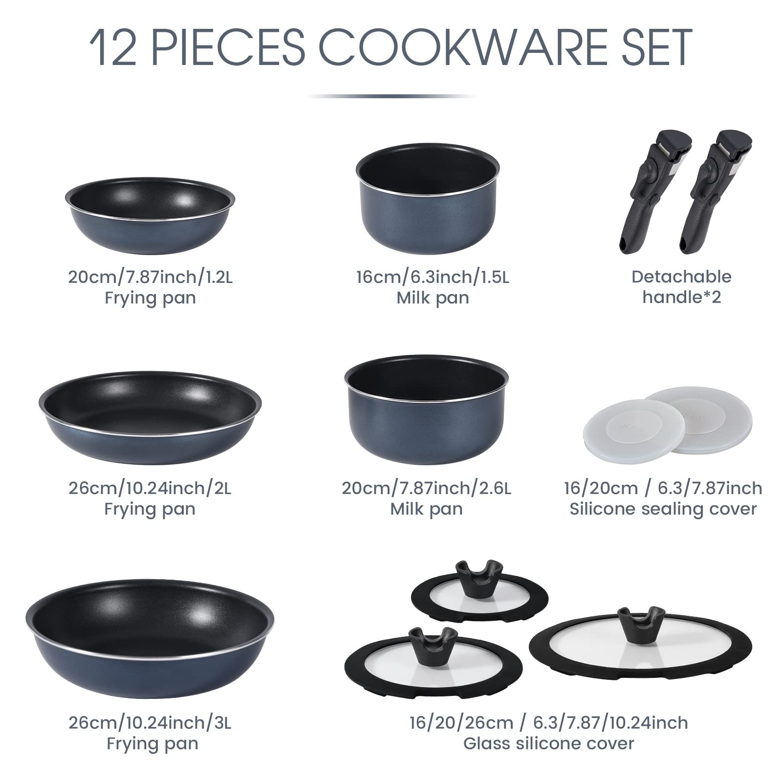 Motase 6pcs Pots and Pans Set, Nonstick Cookware Set Detachable Handle, Induction Kitchen Cookware Sets Non Stick with Removable