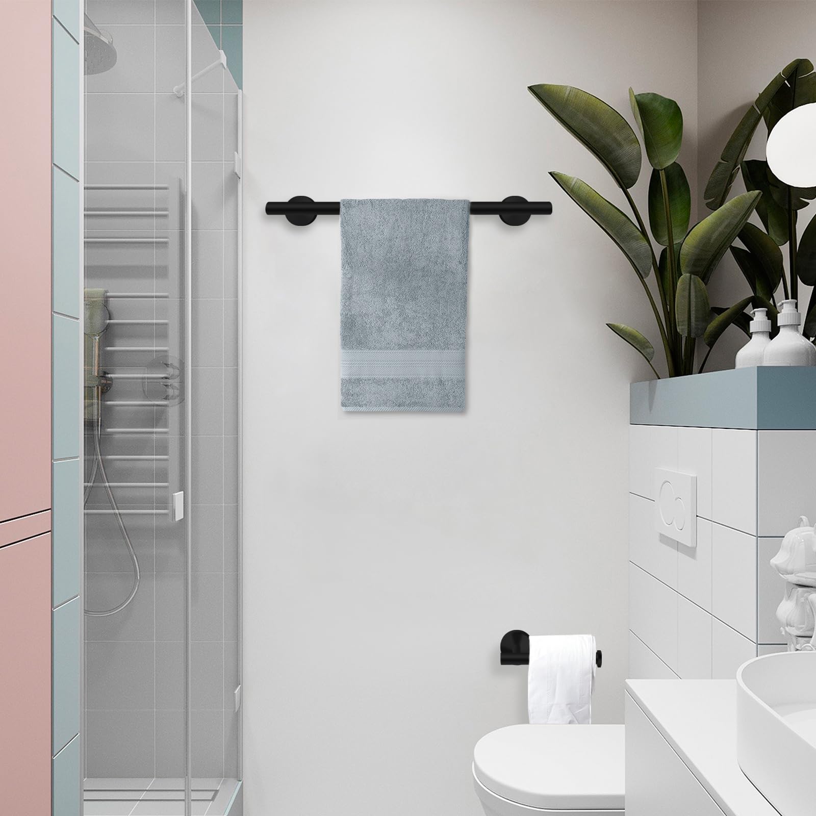 7 Pcs Bathroom Hardware Set, Matte Black Stainless Steel Bathroom Tower Rack Set Wall Mounted Includes 16'' Towel Bar, Toilet To