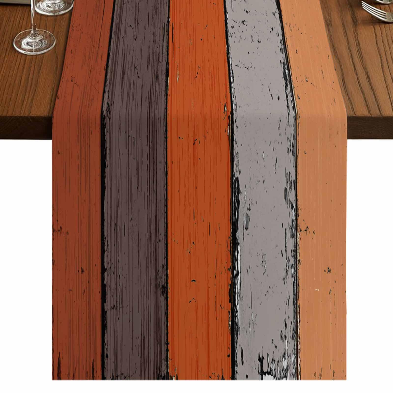 Farmhouse Cotton Linen Table Runner Dresser Scarf Extra Long 120 inches- Retro Rustic Barn Wood Texture Ombre Burnt Orange Gray 
