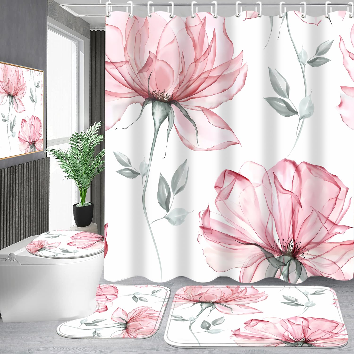 Pretyw 4-Piece Pink Flowers Shower Curtain Set Floral Leaves Bathroom Set With Shower Curtain And Rugs, Pink White Minimalist Ba