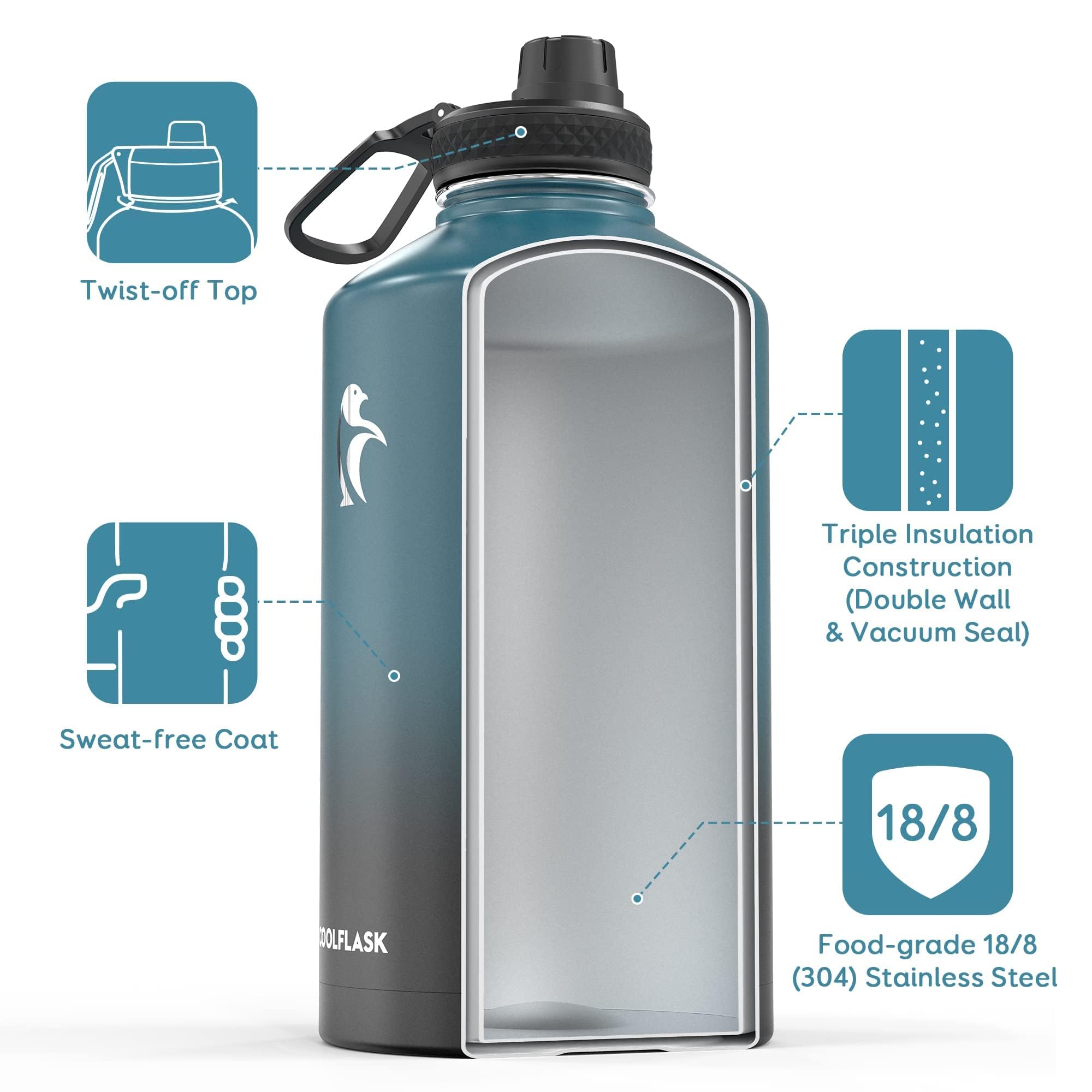 Coolflask 128 Oz Gallon Water Bottle Insulated With Straw&3 Lids, Water Jug Large Stainless Steel Metal Vacuum Wide Mouth For Sp