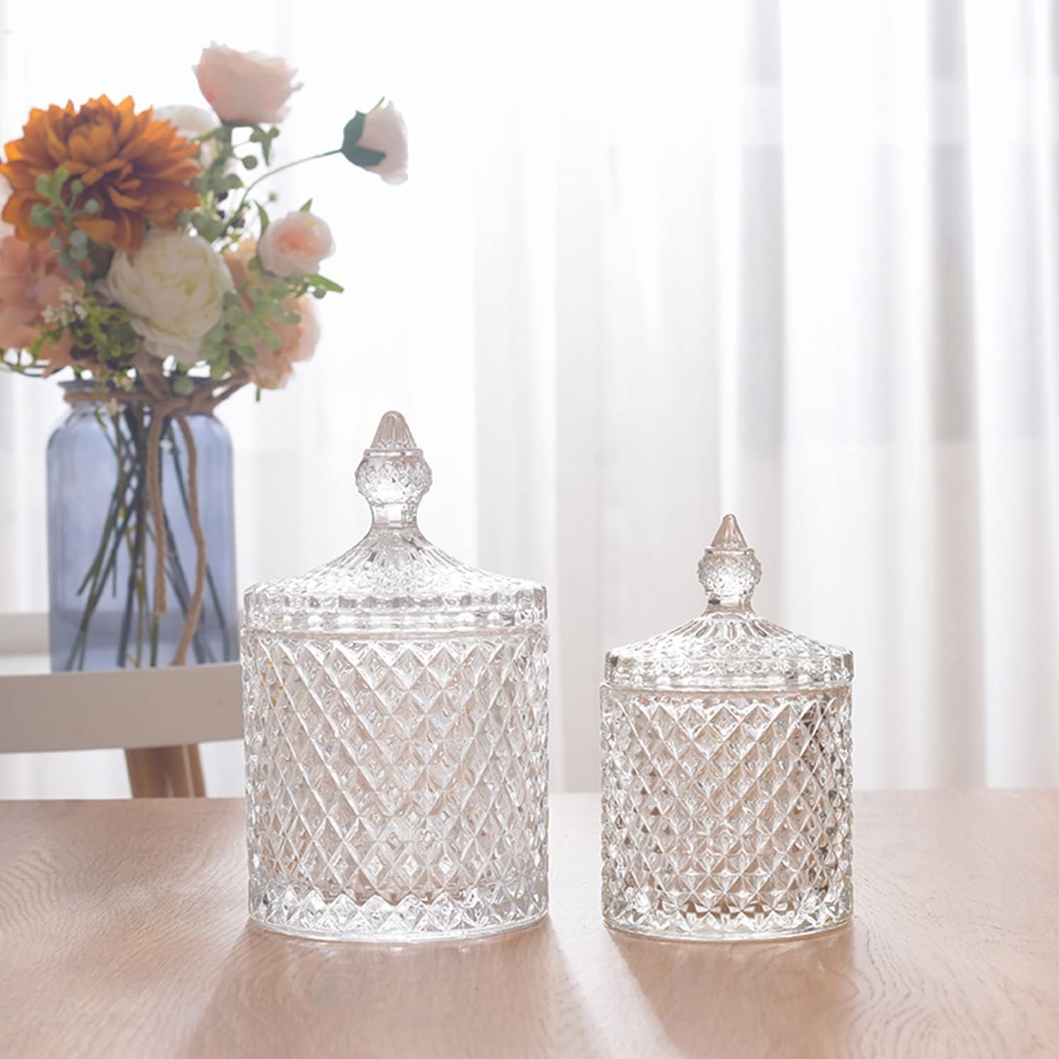 R Flory 10+24 Oz Glass Jars Set Of 2 Bathroom Canisters Storage Organizer Cute Qtip Holder Vanity Canister With Lid Cotton Swabs