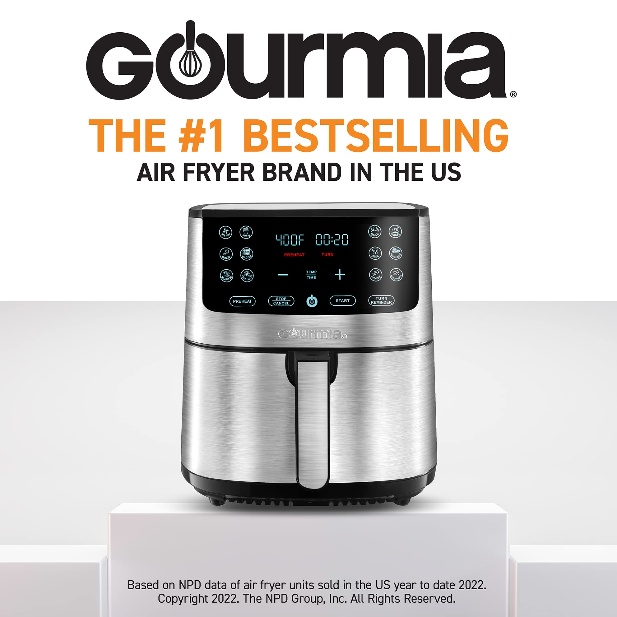 Gourmia Air Fryer Oven Digital Display 8 Quart Large Airfryer Cooker 12 Touch Cooking Presets, Xl Air Fryer Basket 1700W Power M