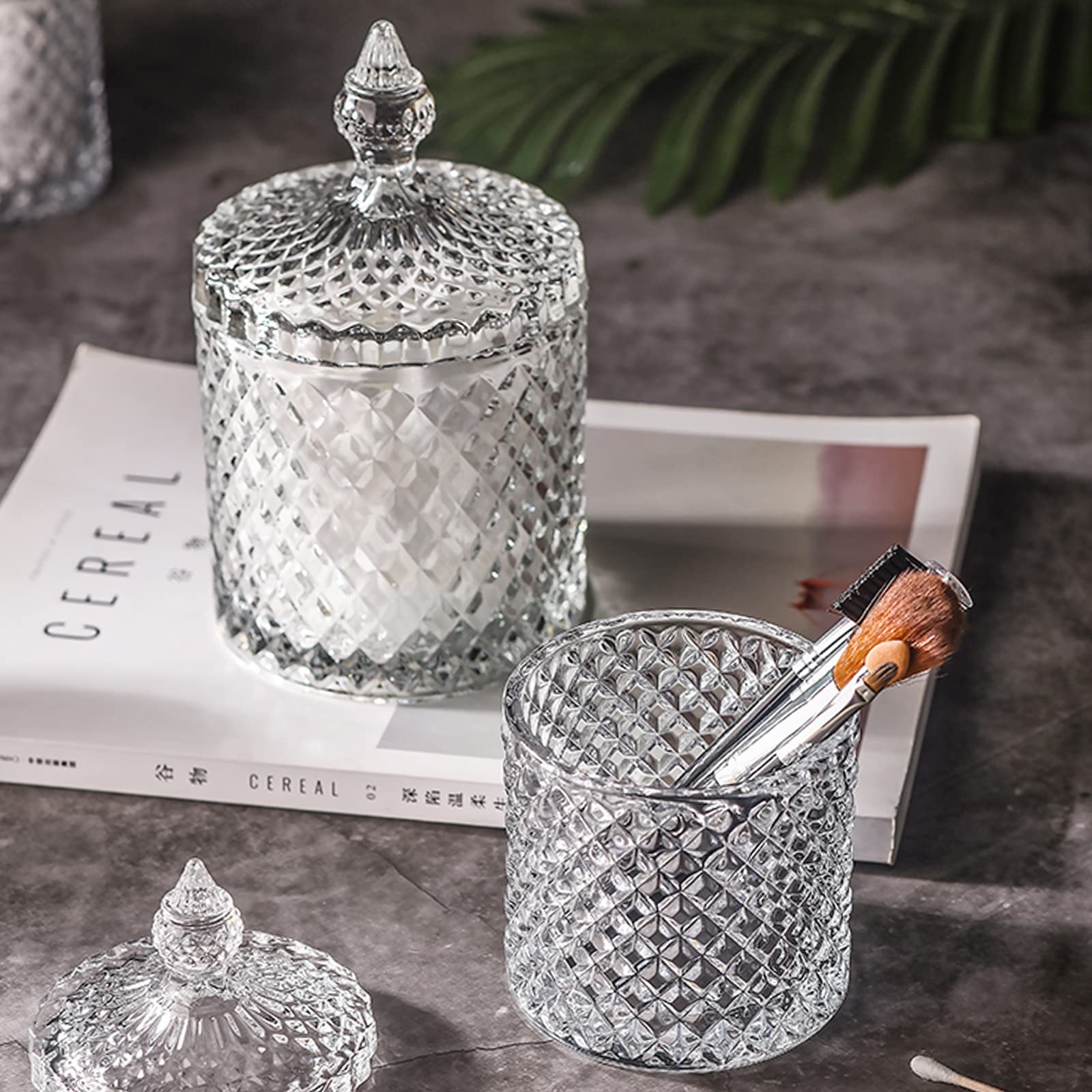 rejomiik Qtip Holder Glass Apothecary Jars with Lid Bathroom Accessories Vanity Organizers and Makeup Storage for Cotton Swabs  2 Pack Small and Large Clear