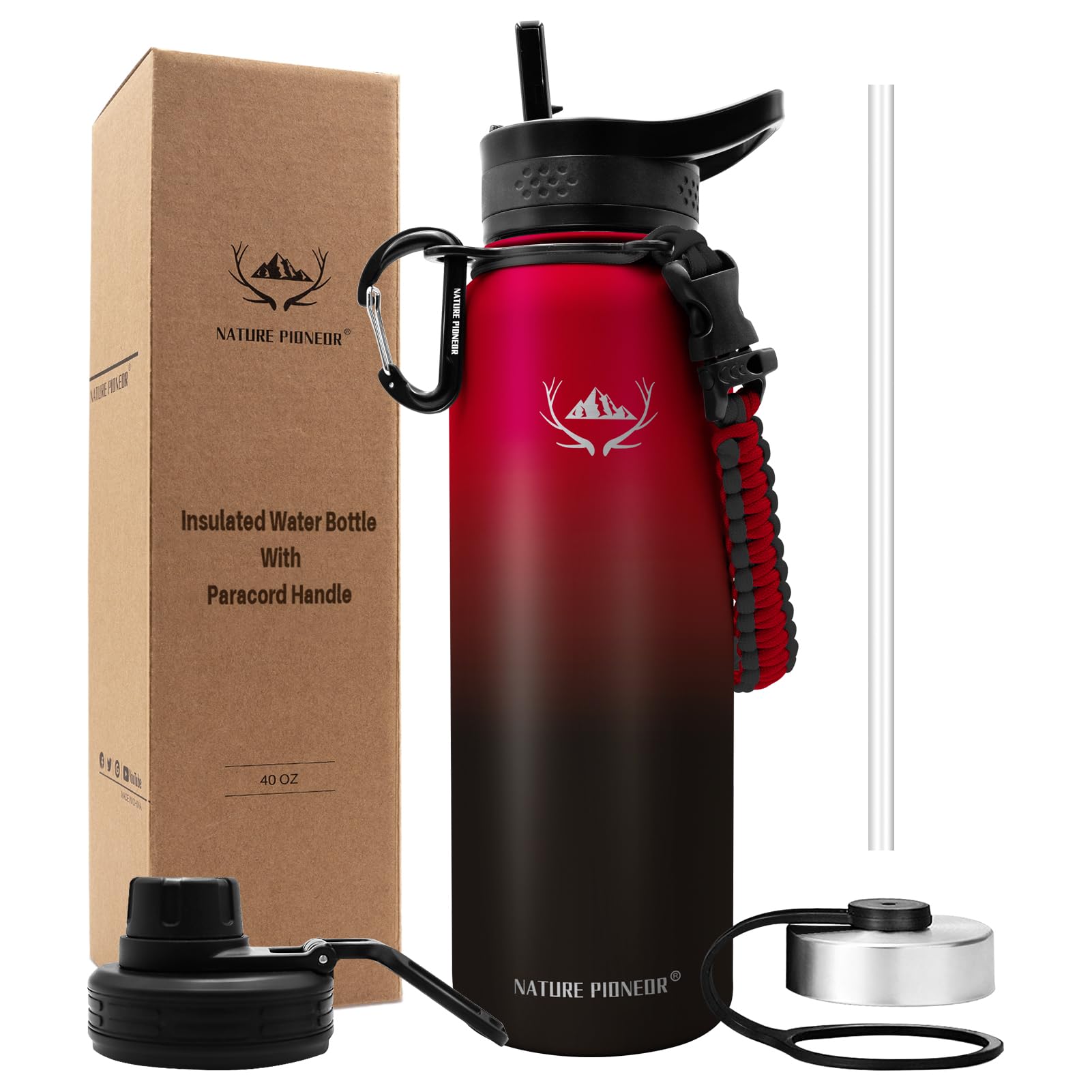 Nature Pioneor Insulated Water Bottles With Paracord Handle - 40 Oz Vacuum Sports Wide Mouth Water Bottle With 3 Lids, Leak Proo