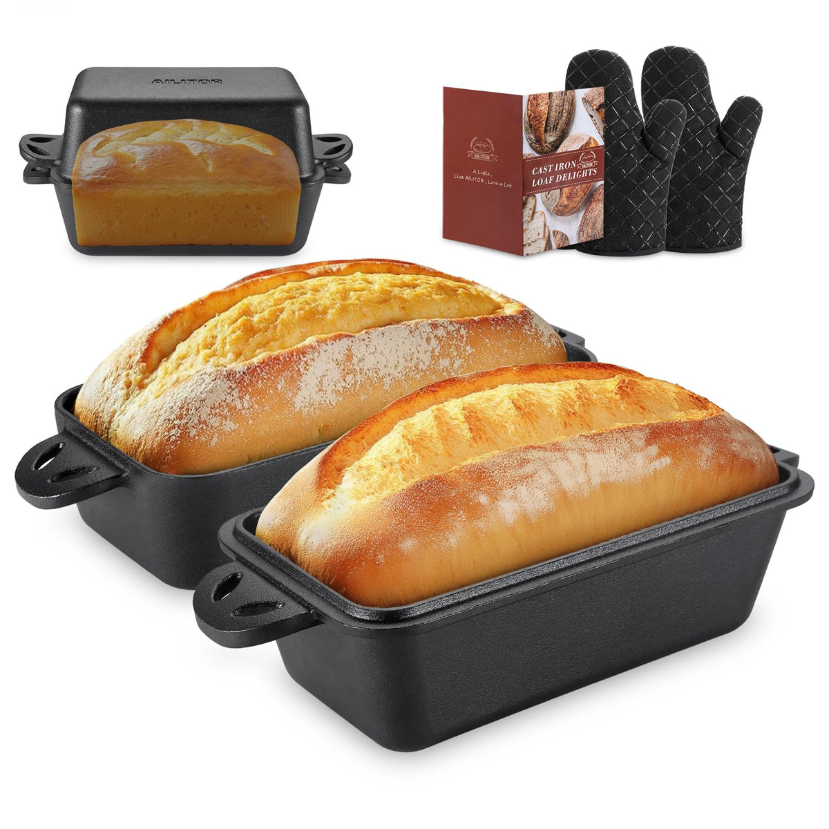 AILITOR Cast Iron Loaf Pan with Lid 9x5 Inch - Bread Baking Pans for H ...