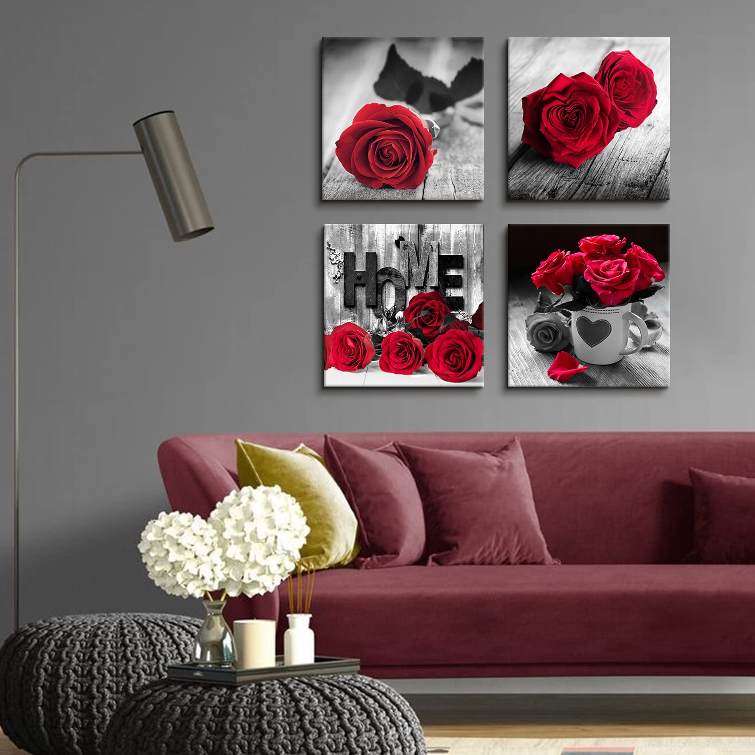 Red Flower Canvas Wall Art For Girls Bedroom Rustic Rose Floral Pictures Bathroom Wall Decor Retro Romantic Blossom Bouquet Pain