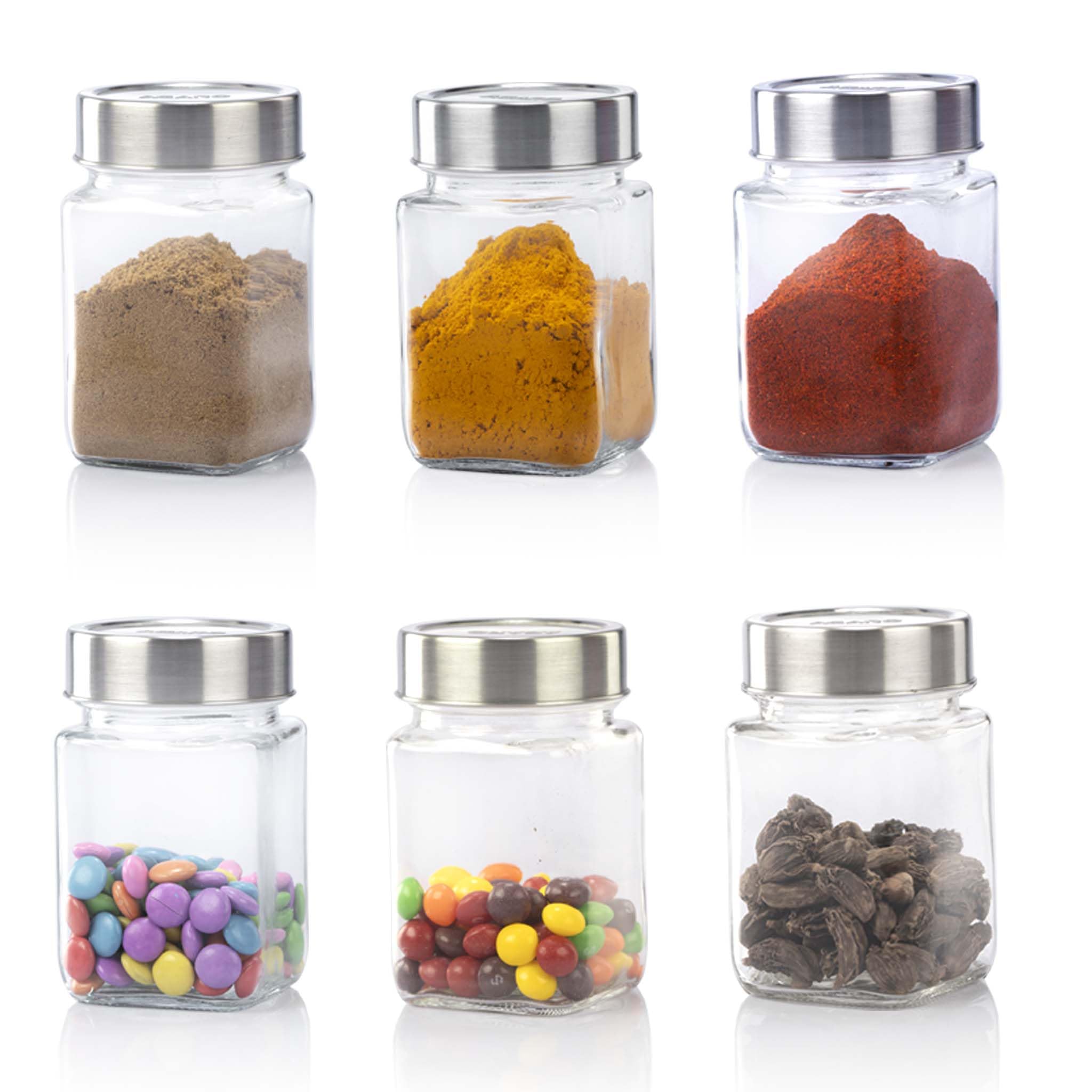 Agaro Elegant Cube Jar 310 Ml, Steel Lid, Storage Glass Container, Transparent, Kitchen Organiser, Multipurpose Jar, Pack Of 6