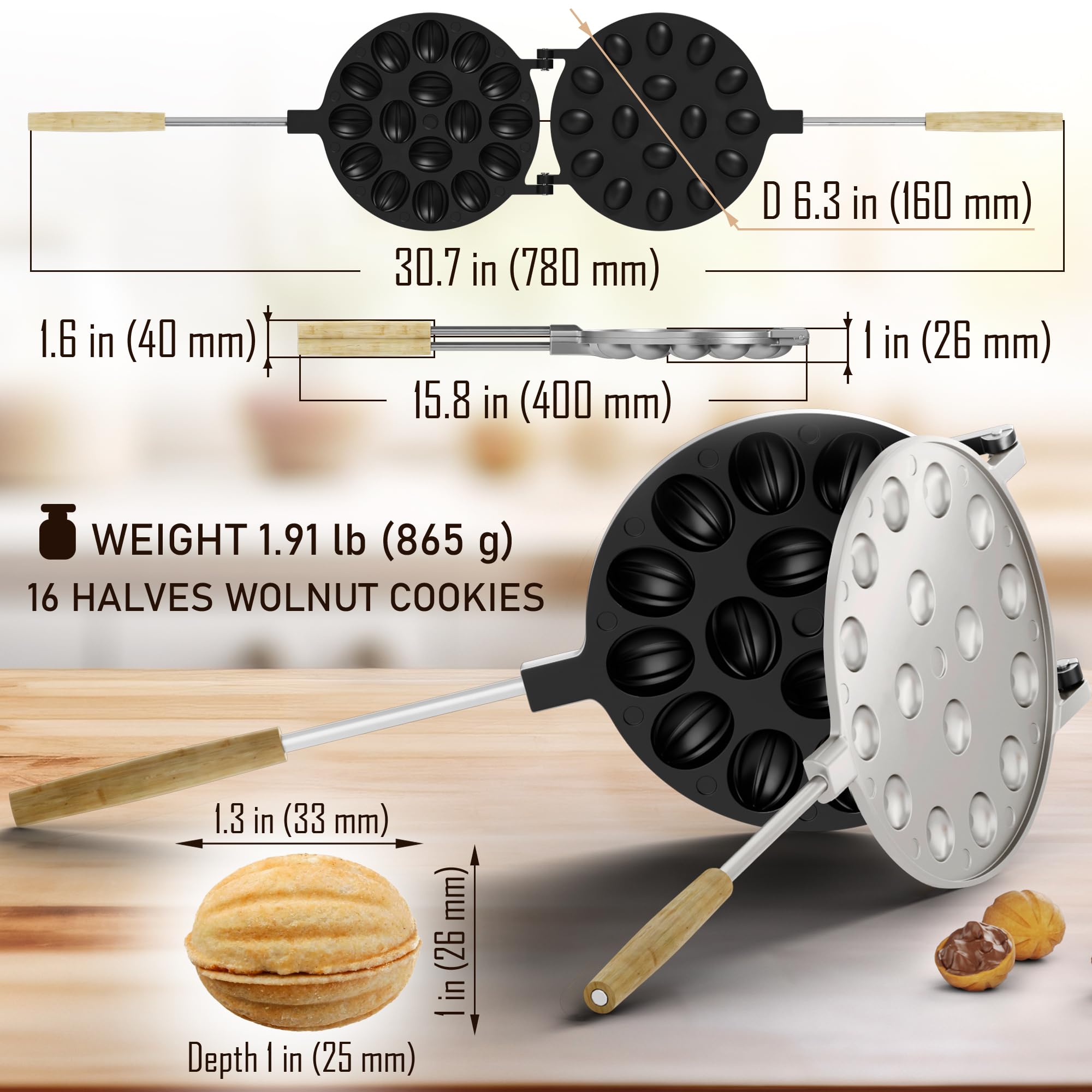 BIOL Heavy Oreshki Mold for Oven Cookies - Non-Stick Aluminum, 15.7x6.5x1.6 in, Black, Model OT-16, Perfect for Russian Nuts