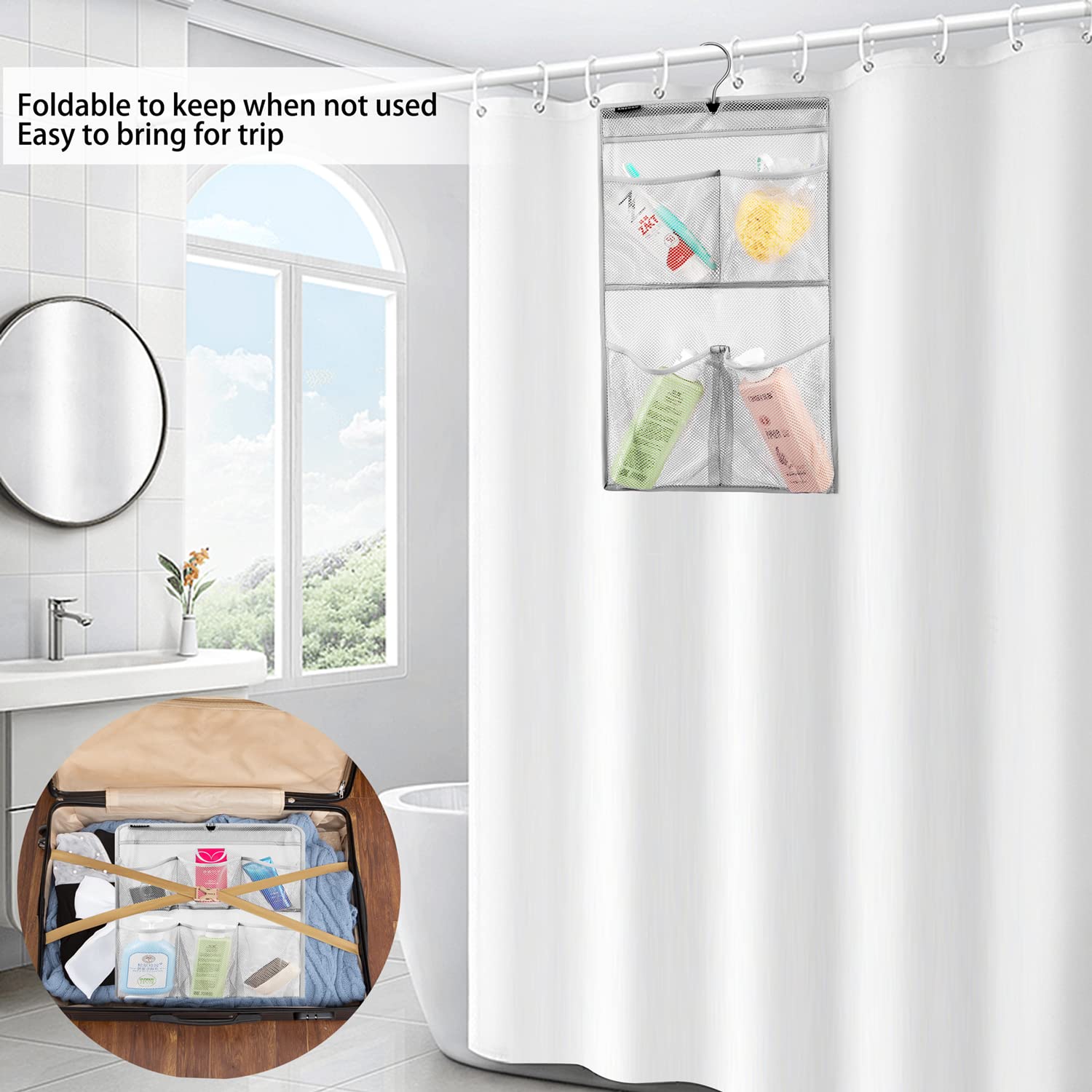 Anzorg Mesh Shower Organizer Hanging Caddy Quick Dry Bathroom Storage For Toiletry Accessories With Rotating Hanger (4 Pockets)