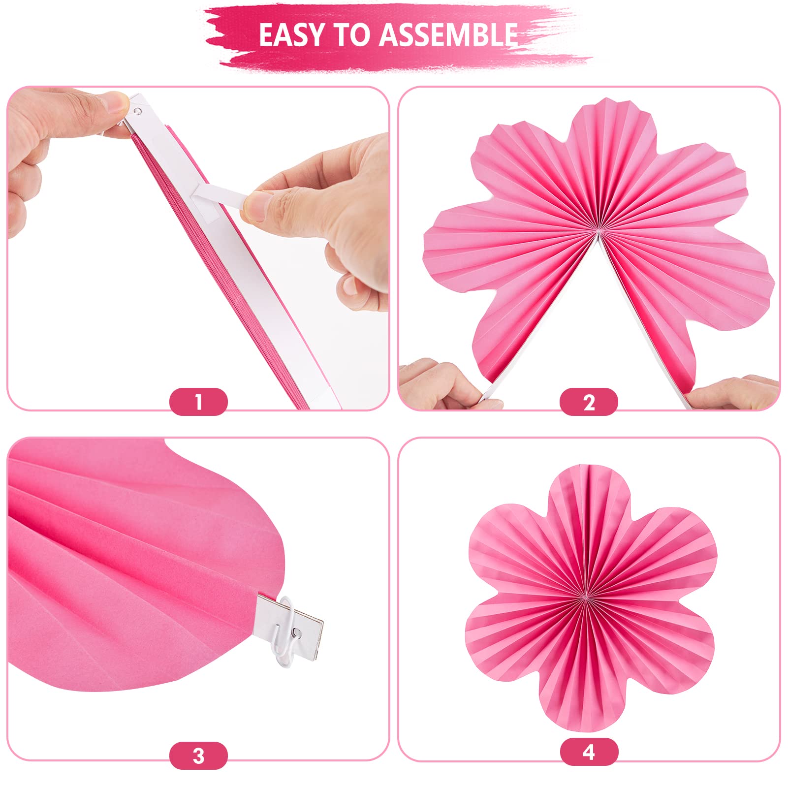 SUNBEAUTY Paper Flowers Decorations for Wall Paper Fans Classroom Decoration Paper Floral Backdrop Decor Paper Fans Decoration Hanging Paper Fans Pink Flower Wall Decor Set of 9
