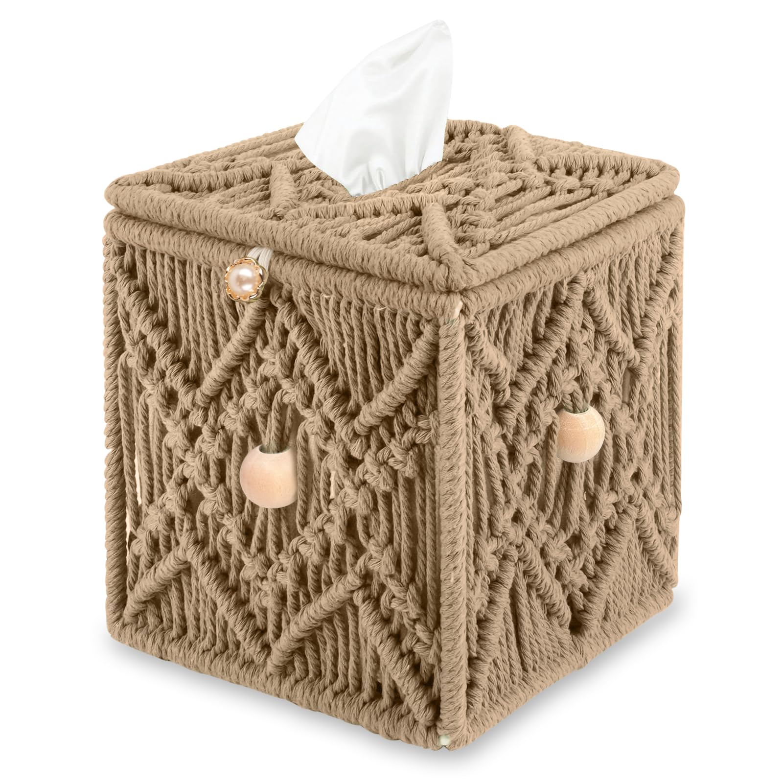 KaloKalo Handmade Tissue Box Cover Decorative Macrame Boho Square Tissue Holder Cotton Rope Woven Napkin Facial Paper Organizer 