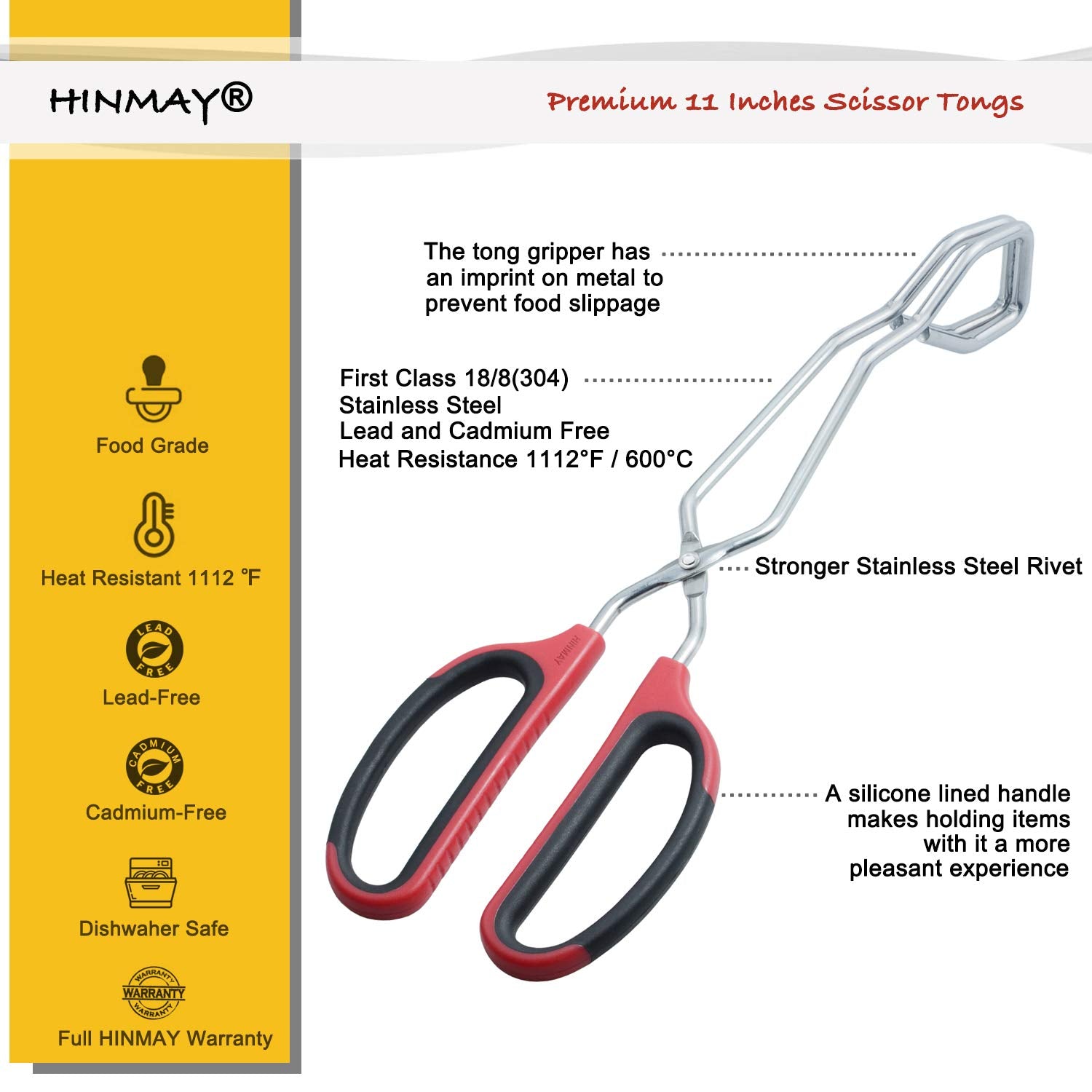 Hinmay Stainless Steel Scissor Tongs 11-Inch Heavy Duty Grilling Tongs, Set Of 2