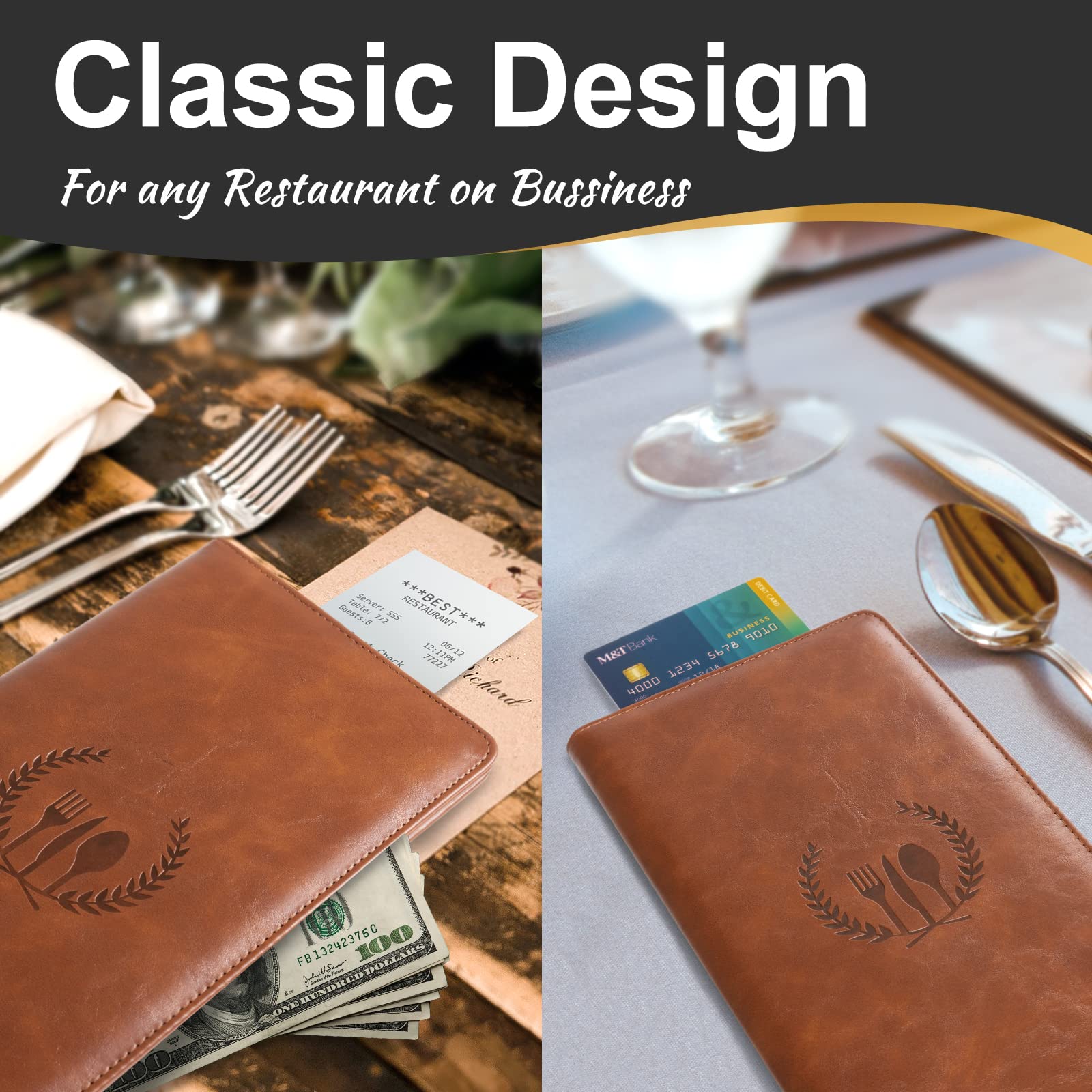 CoBak Restaurant Check Presenters  Guest Check Card Holder with Fork&Spoon Imprint  Restaurant Bill Holder  Check Presenters for Restaurants  Servers  Bars  Hotels  Waiter  Waitress - Brown 20 Pack
