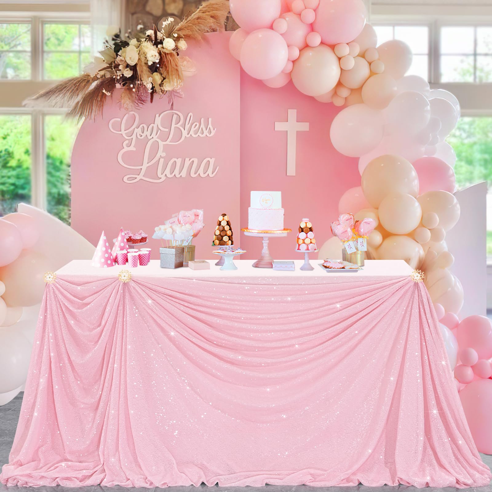 B-COOL Shimmer Tablecloth Pink Sequin Tablecloth Wedding Glitter Overlay 90x132 Inch Valentines Day Tablecloths Christmas Rectan