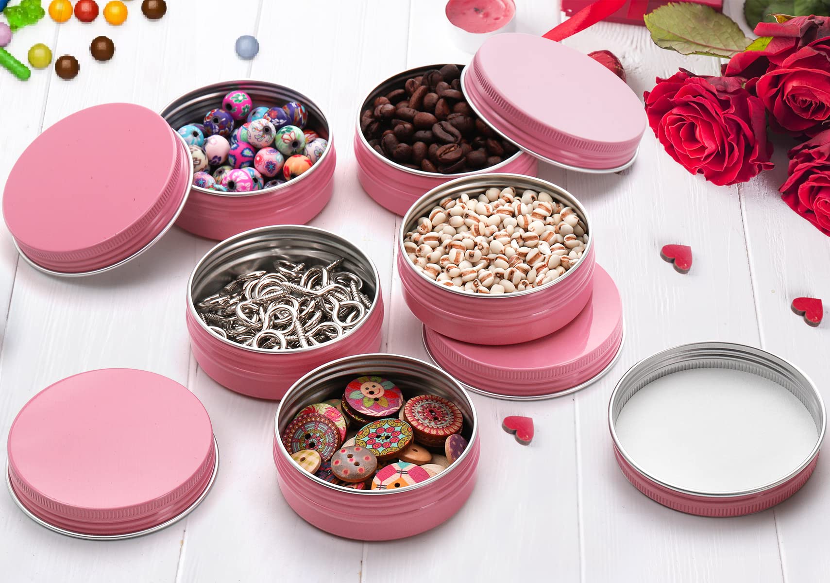 Foraineam 48 Pack 2 Oz Screw Top Round Tin Cans With White Labels, Pink Aluminum Cosmetic Sample Containers, Metal Empty Tins Tr