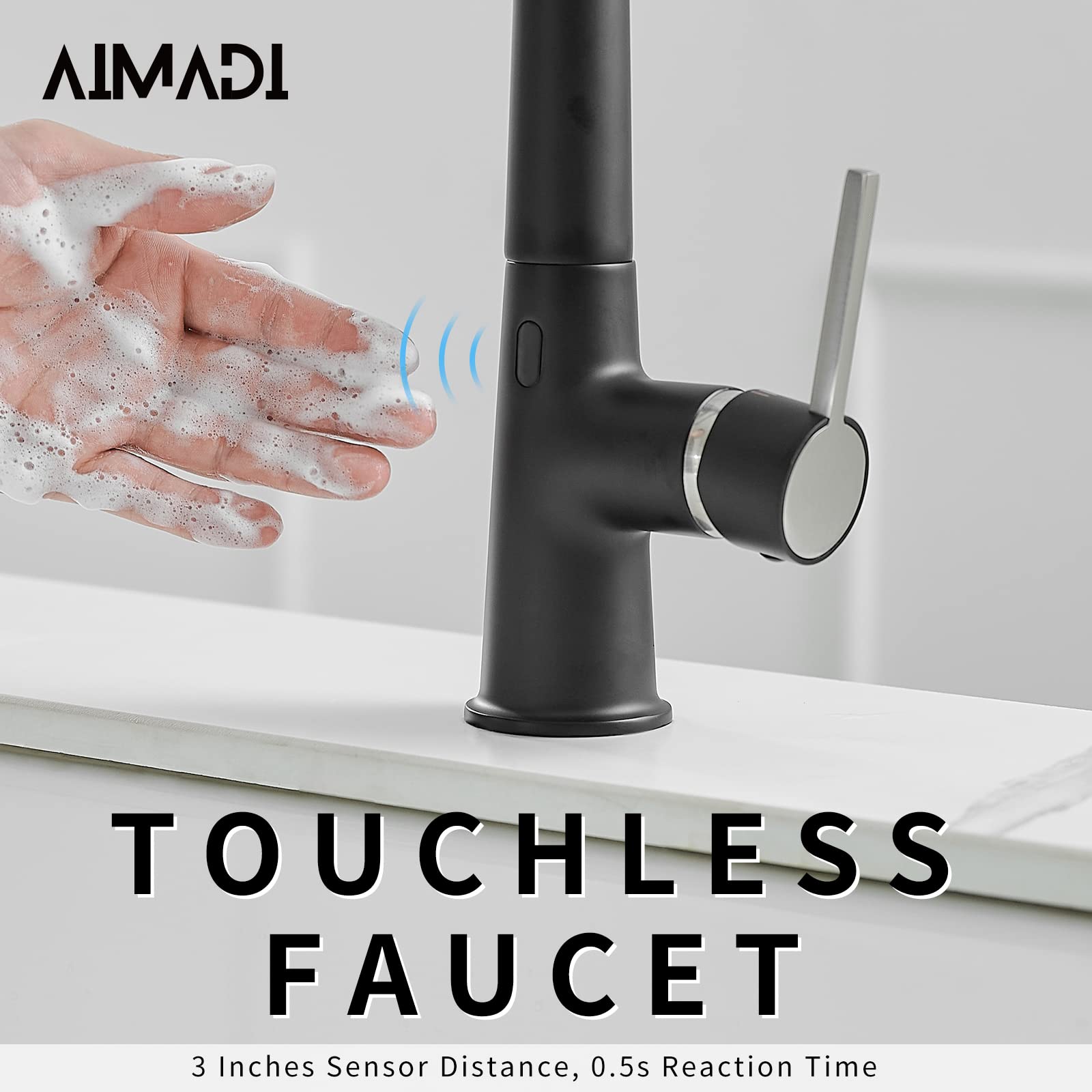 Black Touchless Kitchen Faucet AIMADI - Sensor Kitchen Faucets with Pull Down Sprayer Smart Hands-Free Activated Single Handle Spring Matte Black Kitchen Faucets