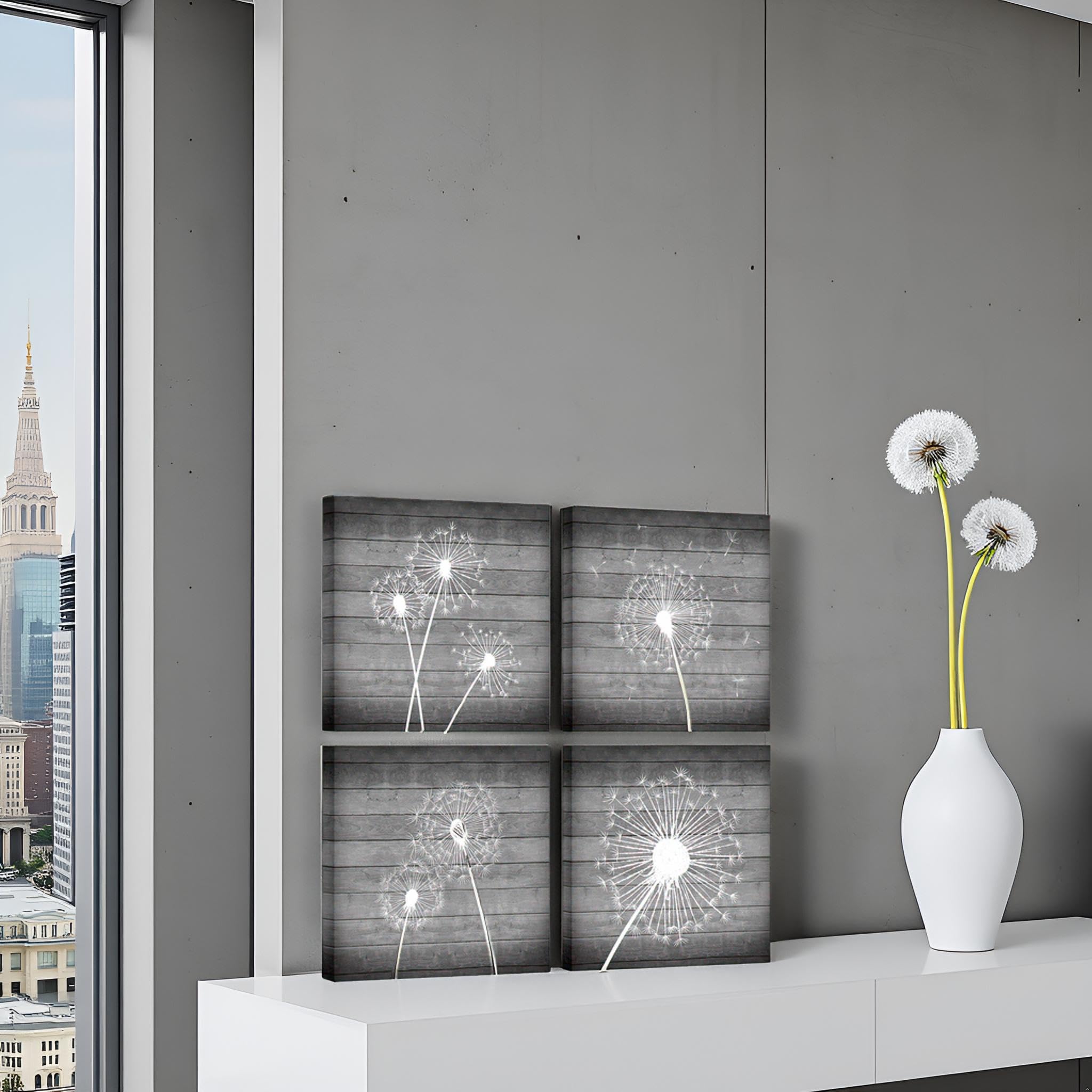 sechars Dandelion Canvas Wall Art White and Grey Paintings Picture Decor Modern Bedroom Bathroom Decorations (12x12inchesx4pcs)