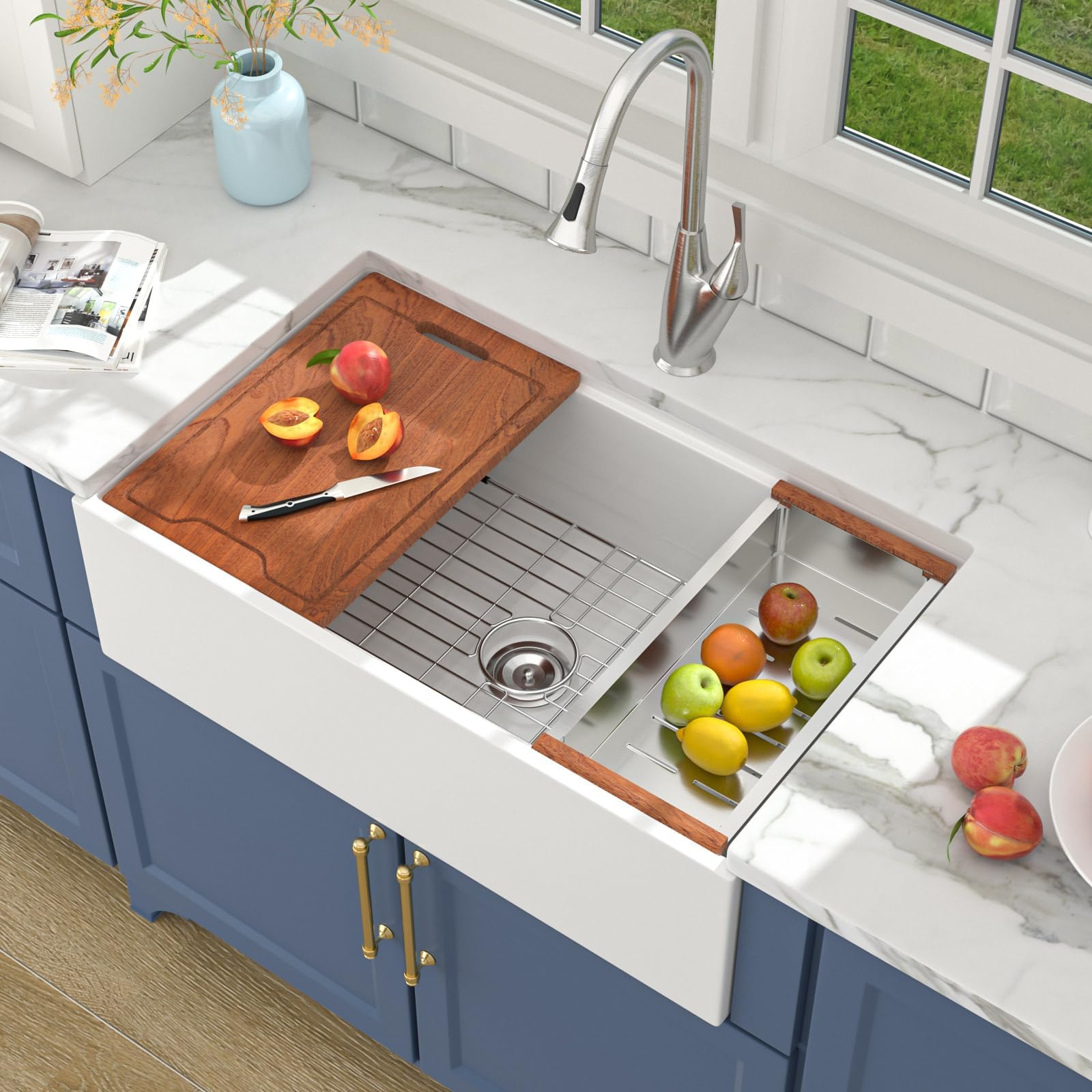 White Farmhouse Sink - 33 Inch Kitchen Sinks Workstation Apron Front Flat Fireclay 33X20 Porcelain Ceramic Single Bowl Farmer Si