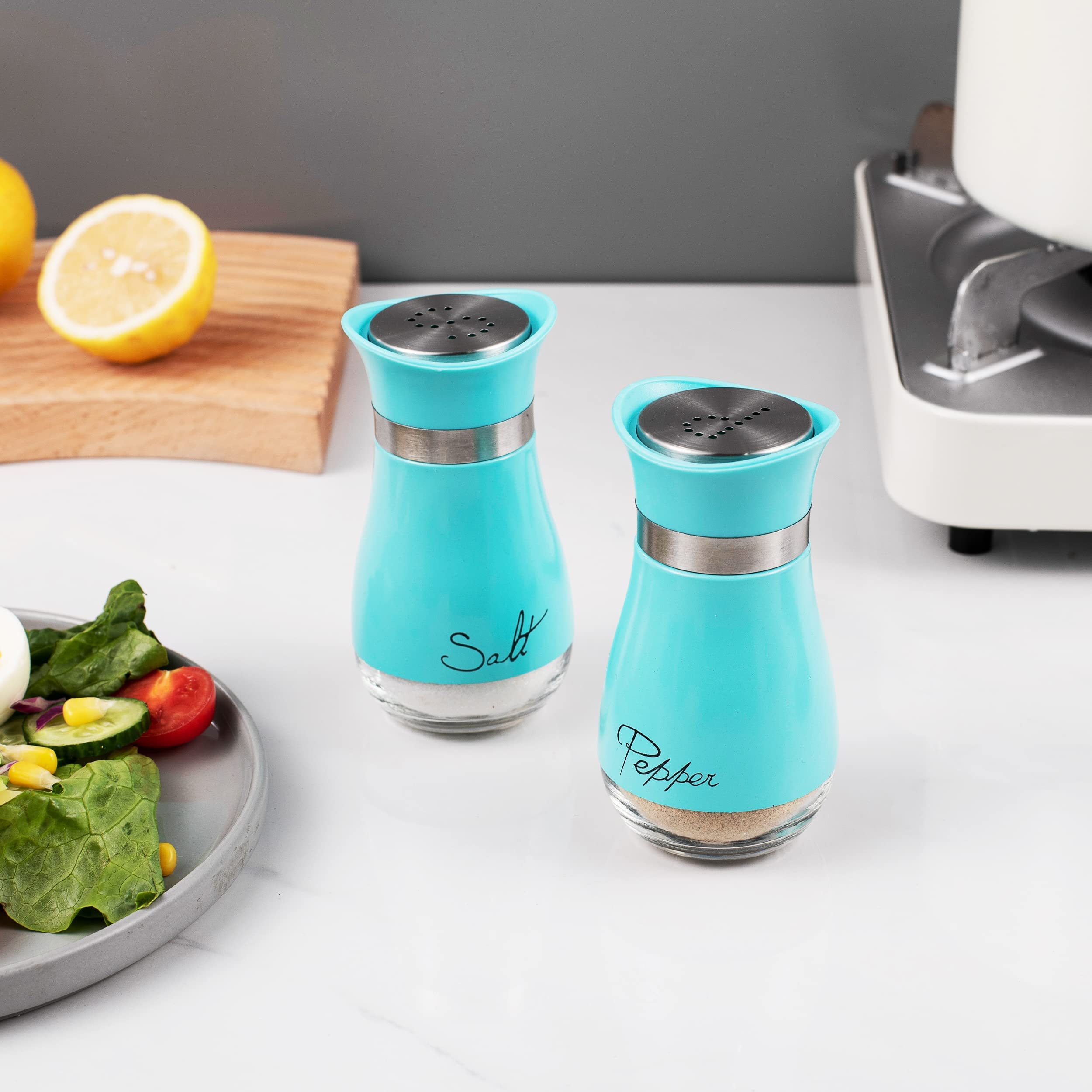 Salt And Pepper Shakers, Stainless Steel And Glass Bottle, Set Of 2, Turquoise