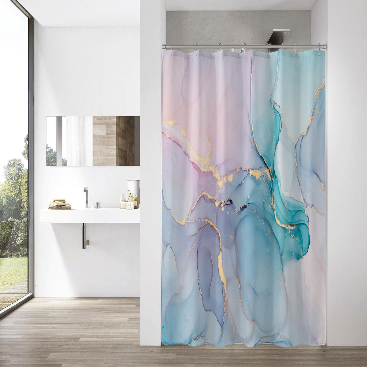 Gibelle Small Stall Shower Curtain 36 X 72, Narrow Half Abstract Marble Shower Curtain, Pink Turquoise Modern Ink Art Waterproof