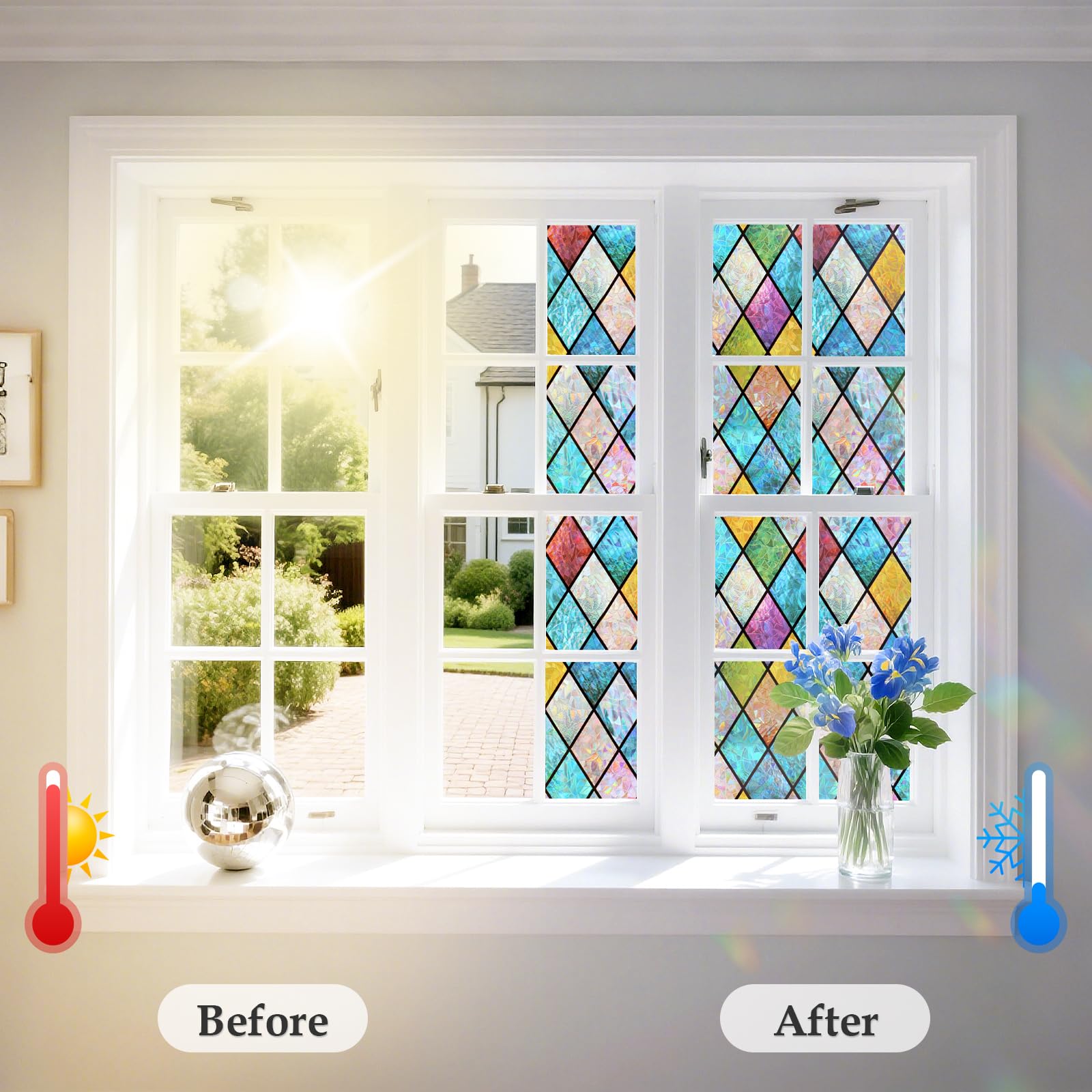 WPCTEV 3D Window Film No Glue Privacy for Glass Sticker Static Cling Heat Control Anti UV Non-Adhesive Decorative Rhombus 29.5 I