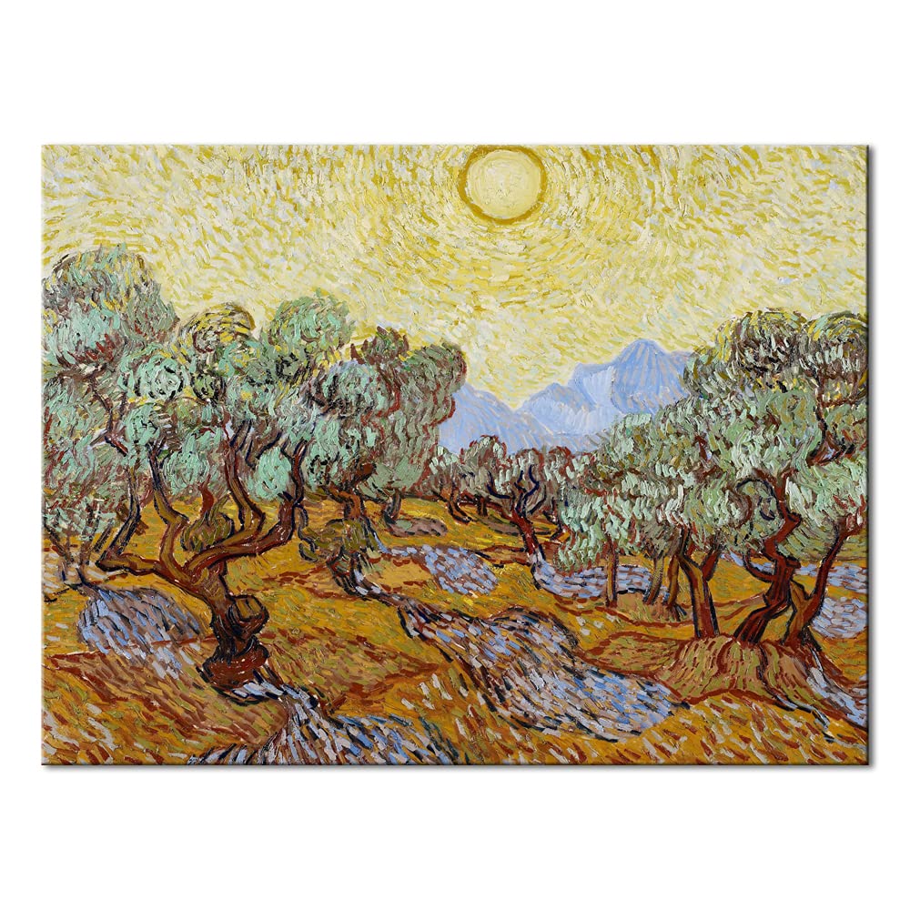 Wieco Art Olive Trees with Yellow Sky and Sun Canvas Print of Vincent Van Gogh Wall Art Paintings Reproduction Field Pictures Artwork for Wall Decor and Home Decorations VAN-0071-3040