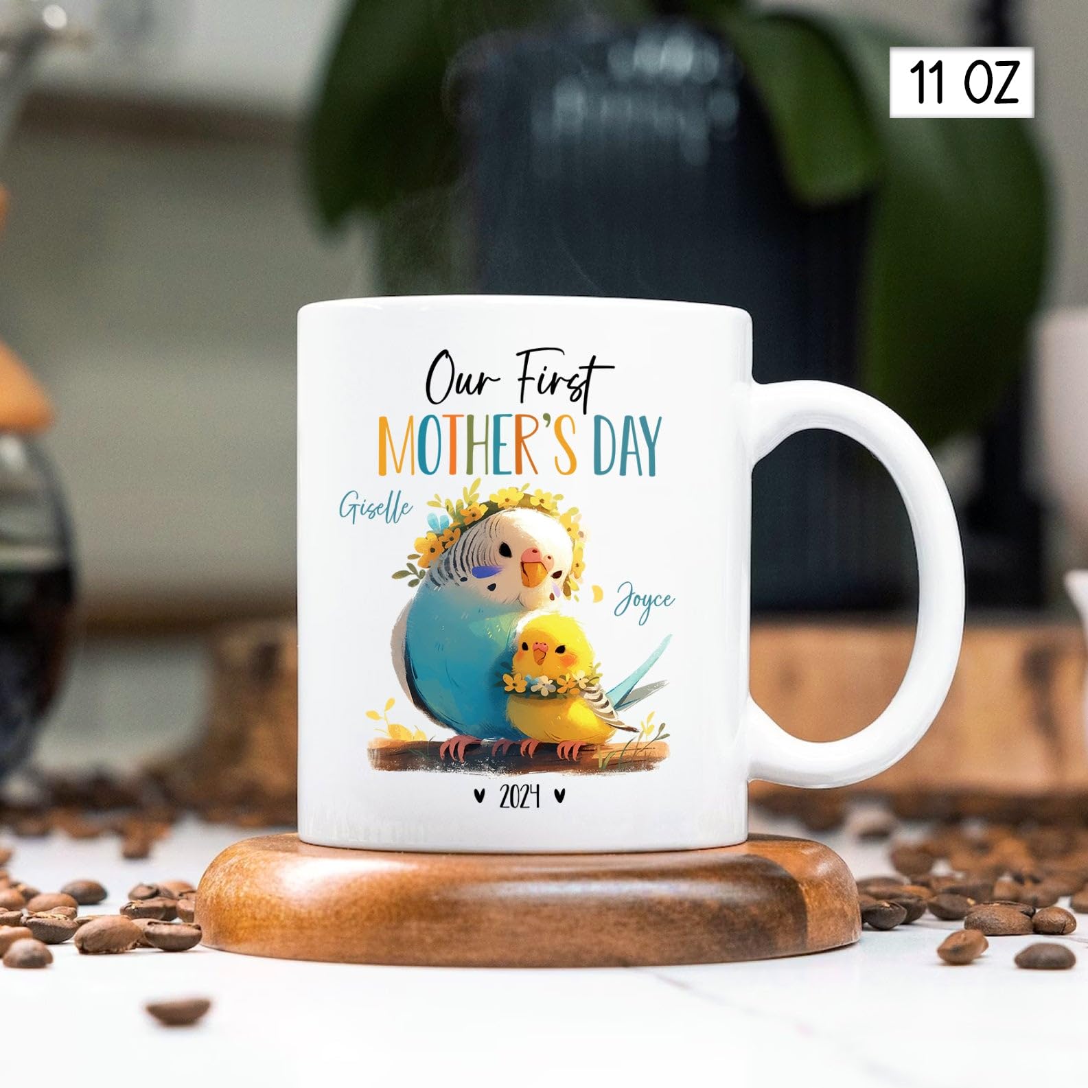 Parakeet Animal Mugs For Mom And Baby, Mommy & Baby Parakeet Coffee Mug, Personalized Our First Mothers Day Ceramic Cup, Mummy T