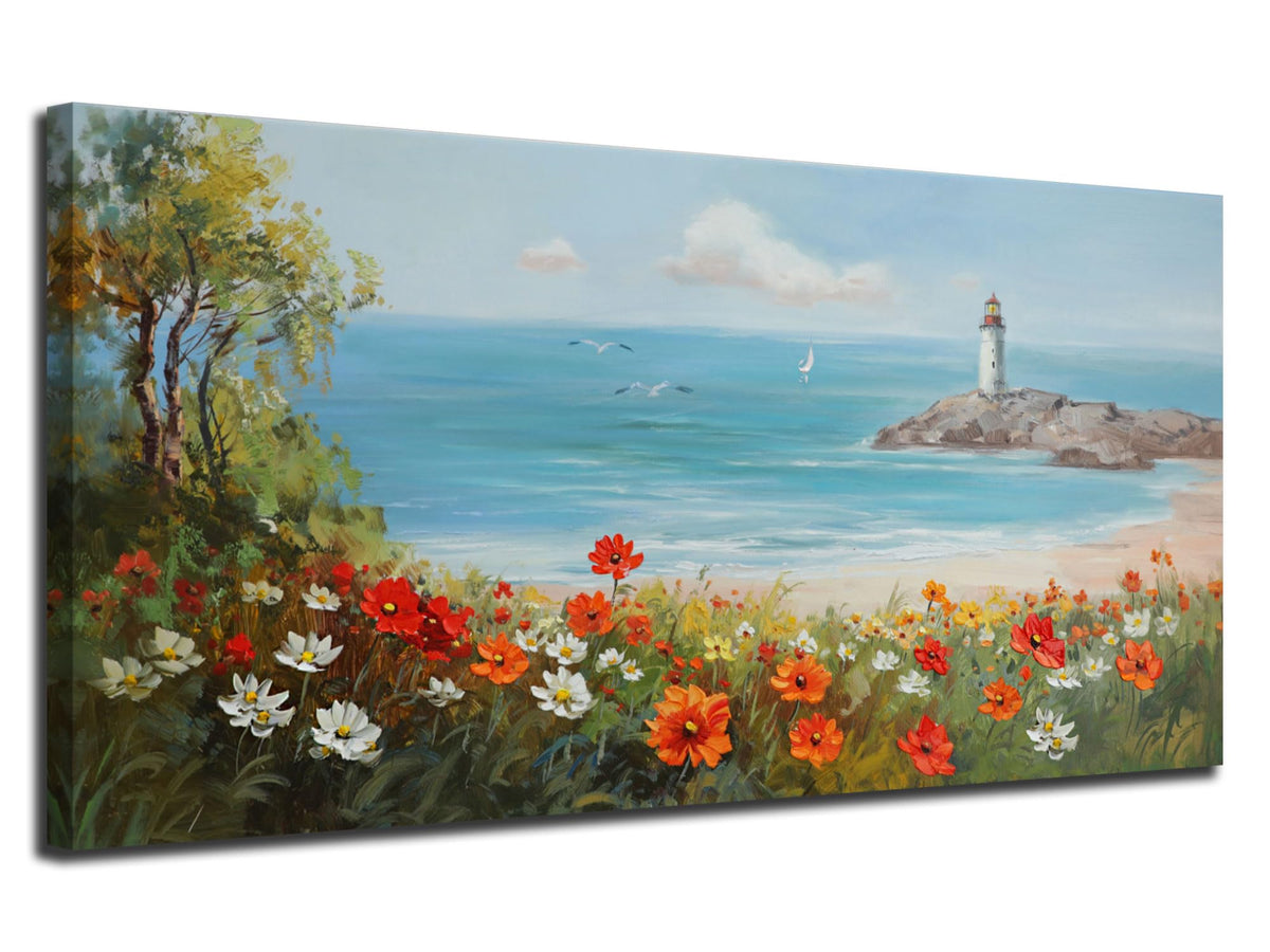 Ardemy Flowers Wall Art Canvas Blue Ocean Lighthouse Painting Seascape Landscape Coastal Picture, Textured Floral Artwork Extra