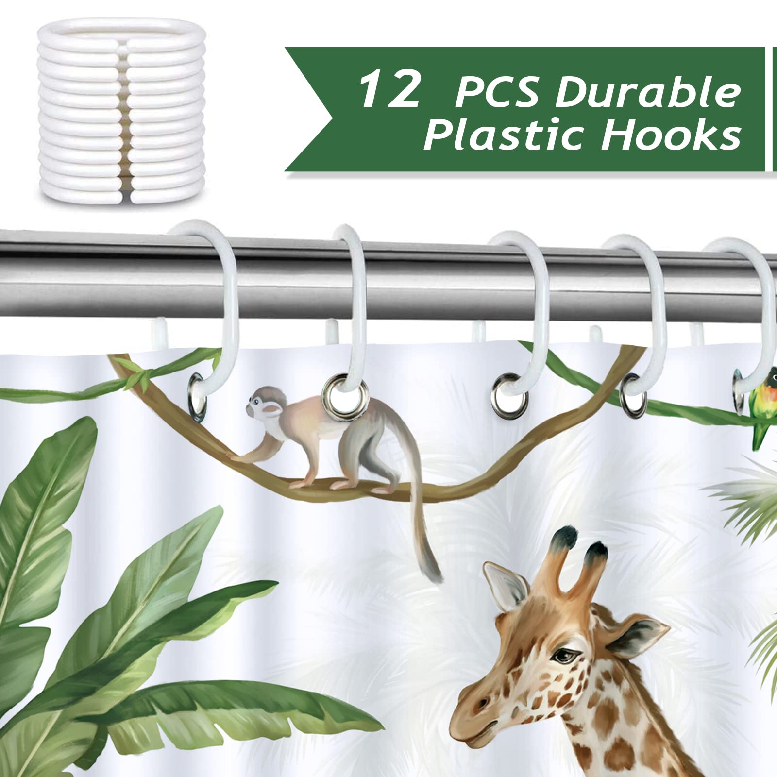 Bonhause Tropical Rainforest Animals Shower Curtain for Bathroom Jungle Elephant Giraffe Leopard Decorative Bath Curtain 72 x 72 Inch Polyester Fabric Waterproof Bathroom Curtain with 12 Hooks