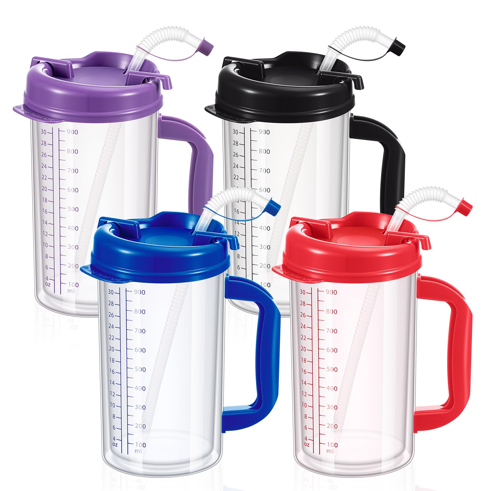 Kritkin 32 oz Hospital Cup with Straw Lid, Red, Blue, Black, Purple, 4 Pcs