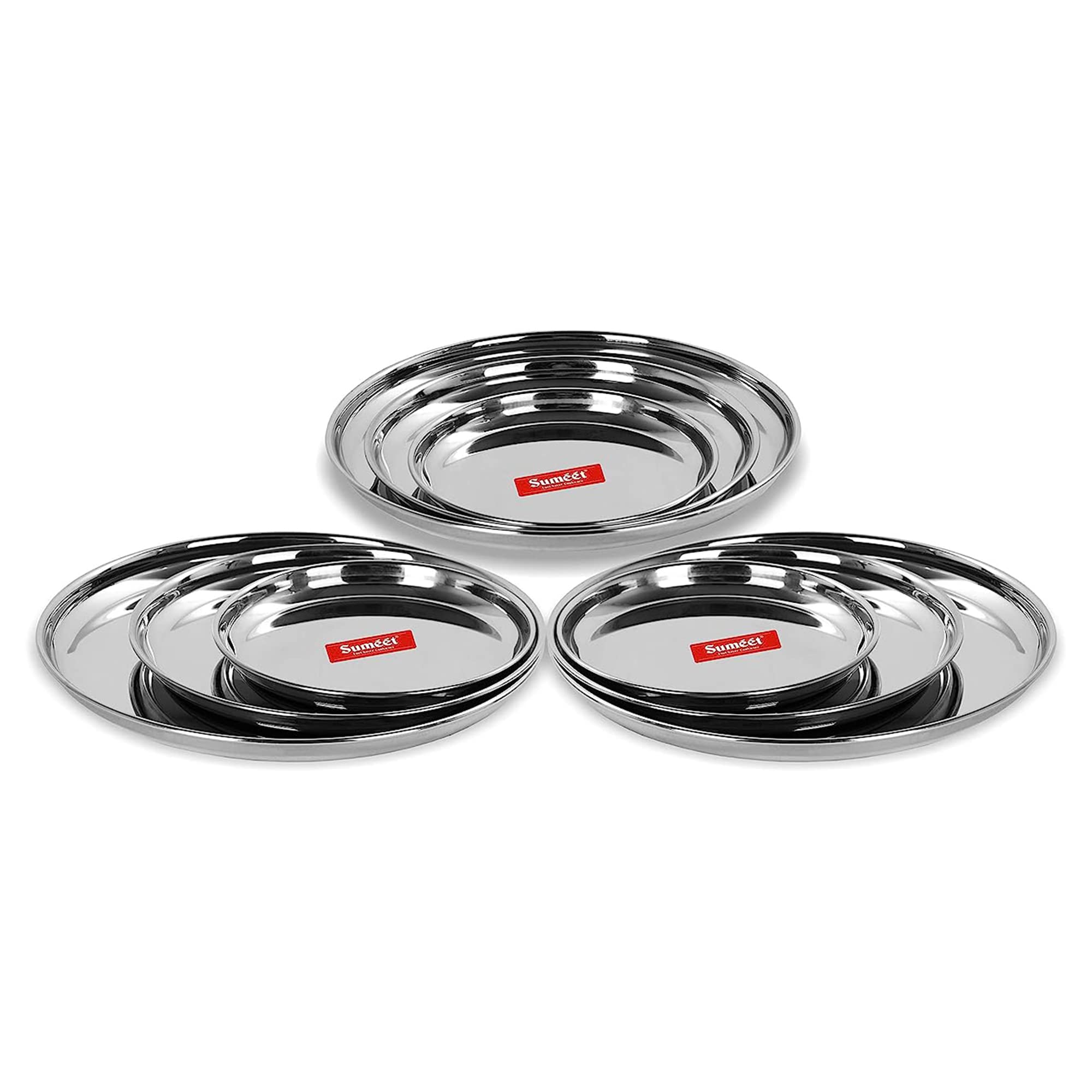Sumeet Stainless Steel Heavy Gauge Multi Purpose Plates with Mirror Finish Set of 9pc (Dia - 17cm  22cm 27.5cm)