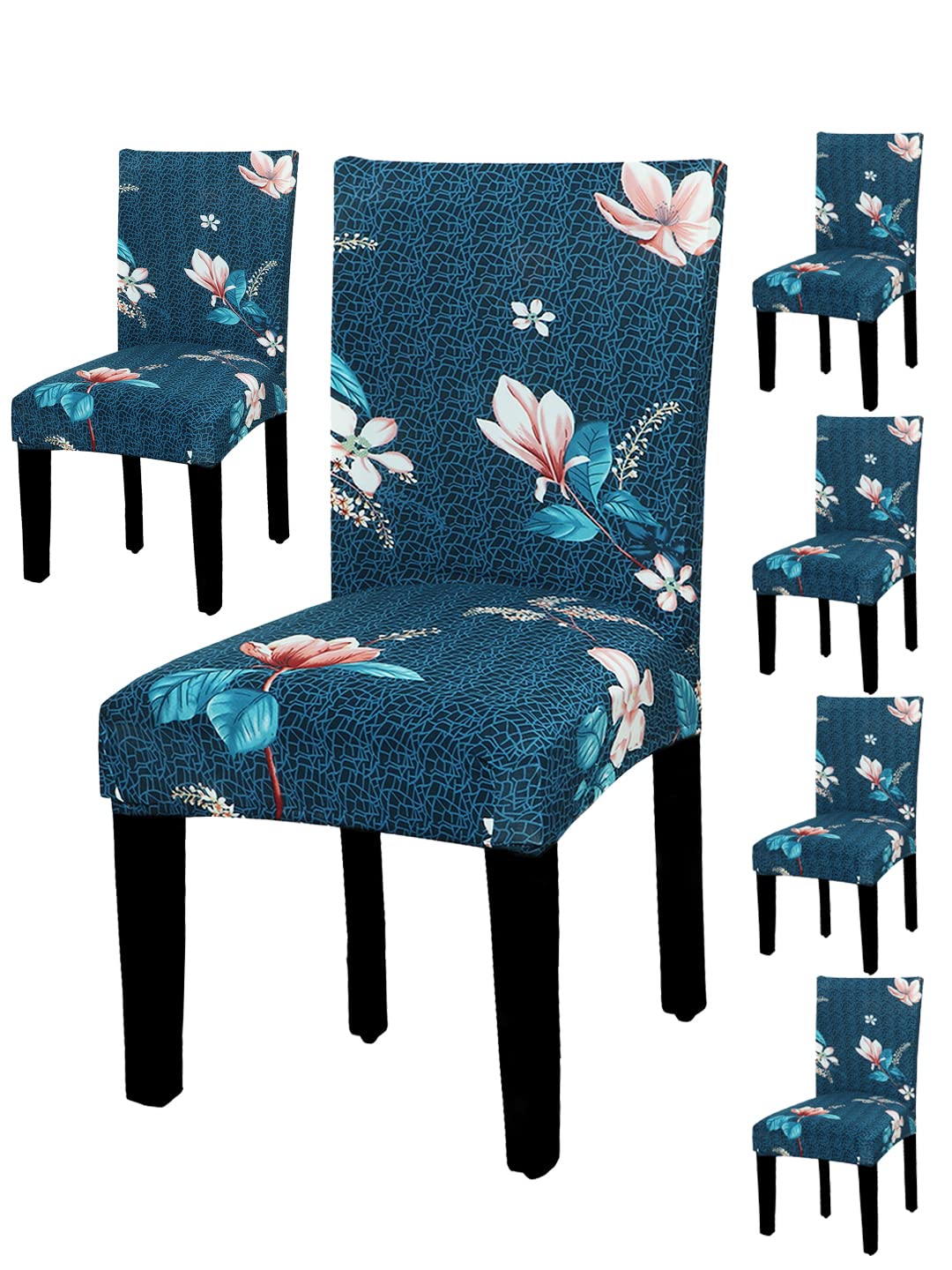 House Of Quirk Polyester Flowered Elastic Stretch Removable Washable Short Dining Chair Cover - (6 Chair Cover, Dark Blue Lotus)