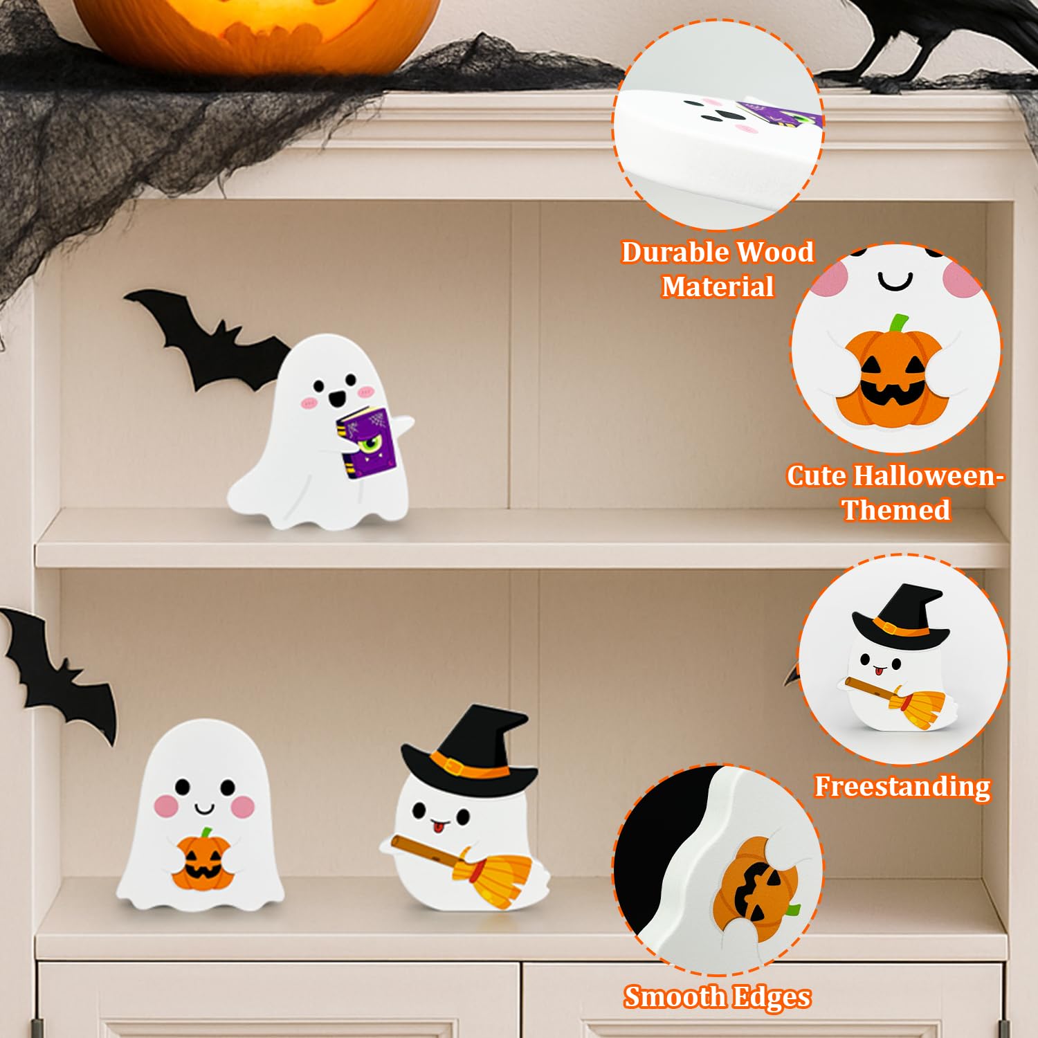 Halloween Table Decorations 3 Pcs, Cute Wooden Ghosts Party Decor for Indoor Home, Funny Signs for Tiered Tray Office, White Cen