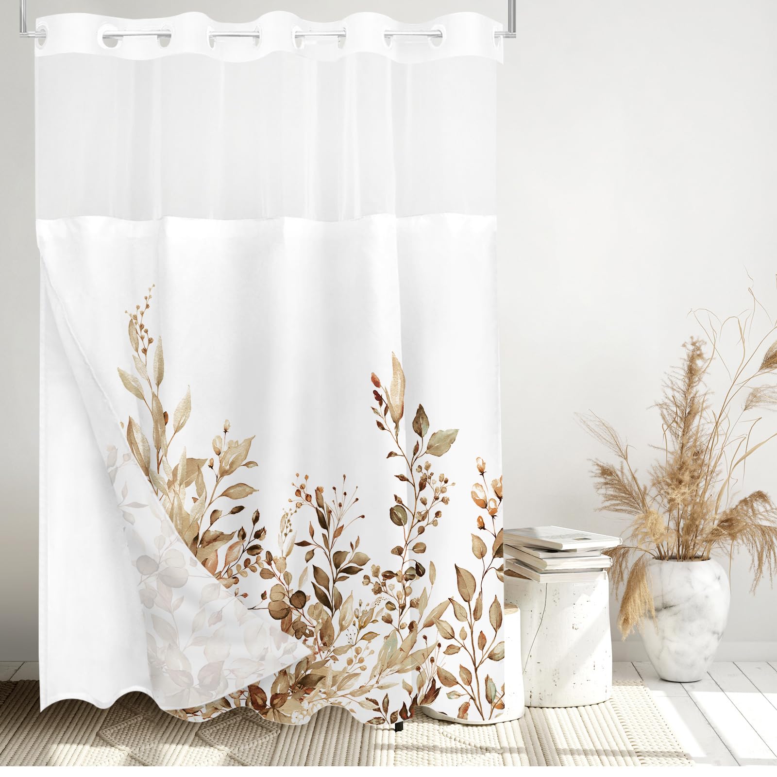 Tititex No Hooks Snap In Liner Tan Eucalyptus Leaves Shower Curtain Sets, Hotel Luxury Double Layers Waterproof Fabric & See-Thr