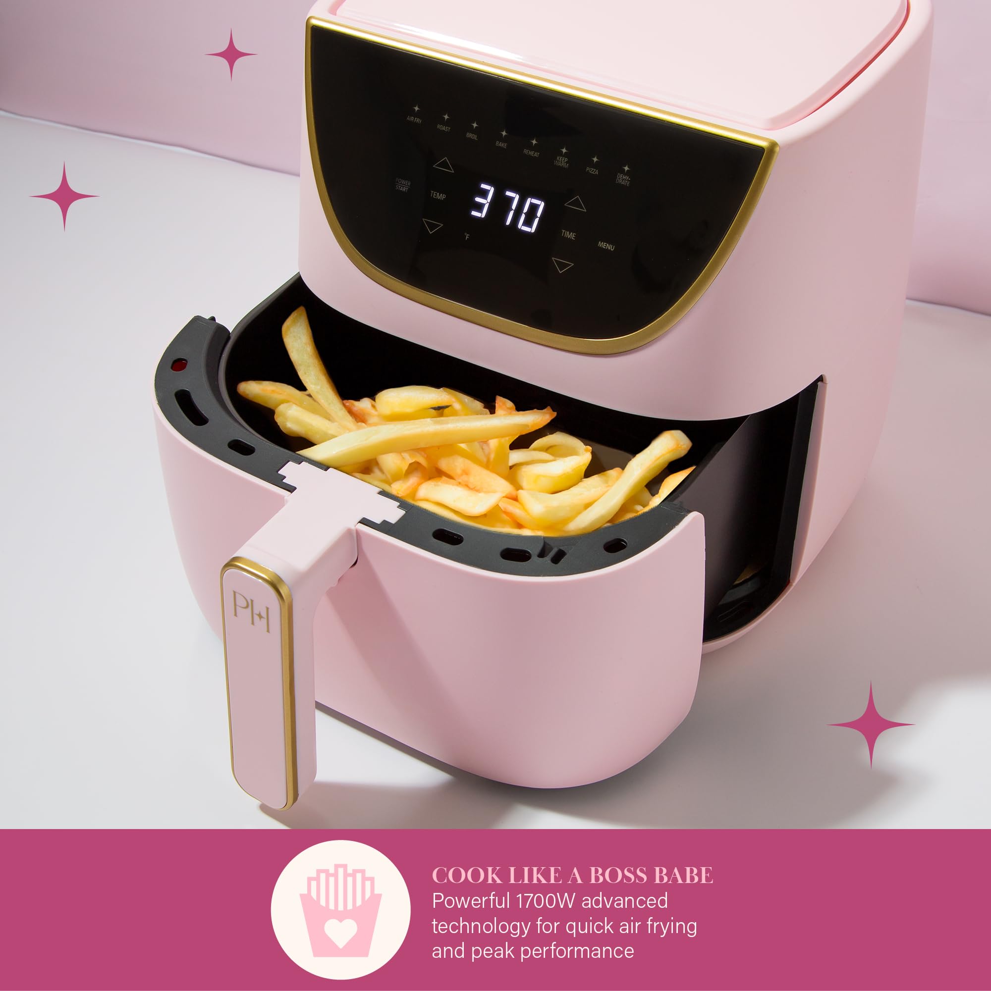 Paris Hilton 6-Quart Air Fryer, Touchscreen, Nonstick, 8-in-1 Functions, Dishwasher Safe, Pink, Model PH11921