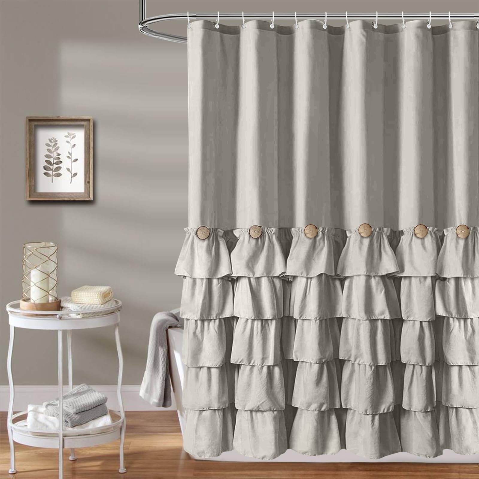 Grey Ruffle Button Shower Curtain Farmhouse Shower Curtain Set With 12 Hooks 72 X 72 Inch Fabric Shower Curtains For Bathroom Ba